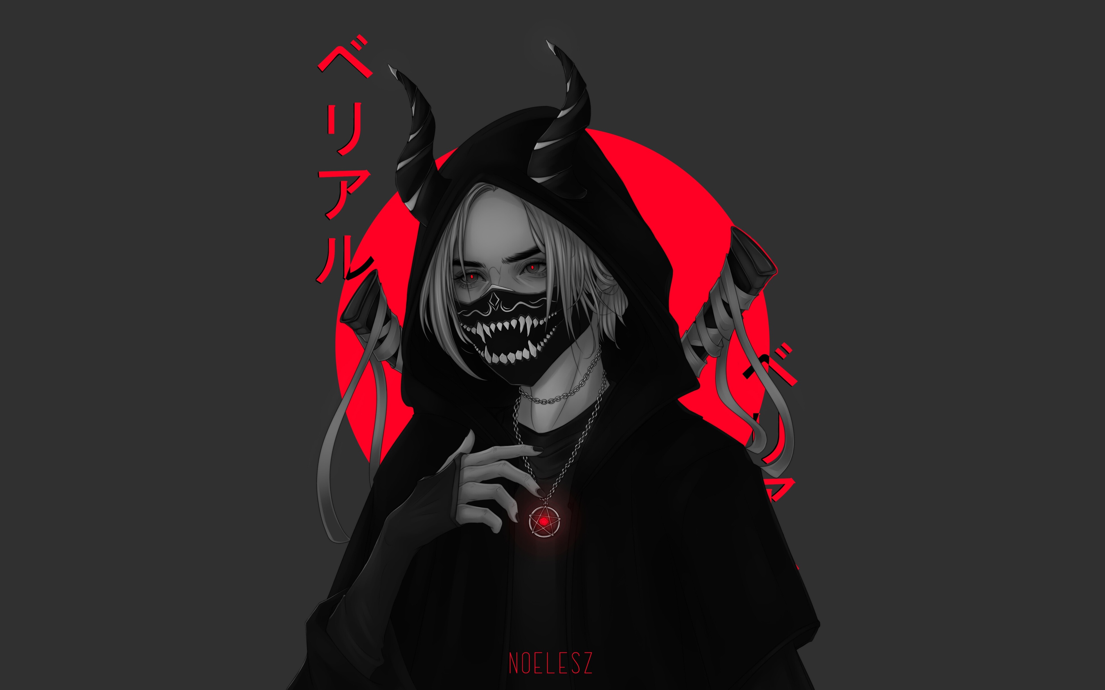 Anime 3840x2400 anime girls red mask necklace horns simple background red eyes black nails