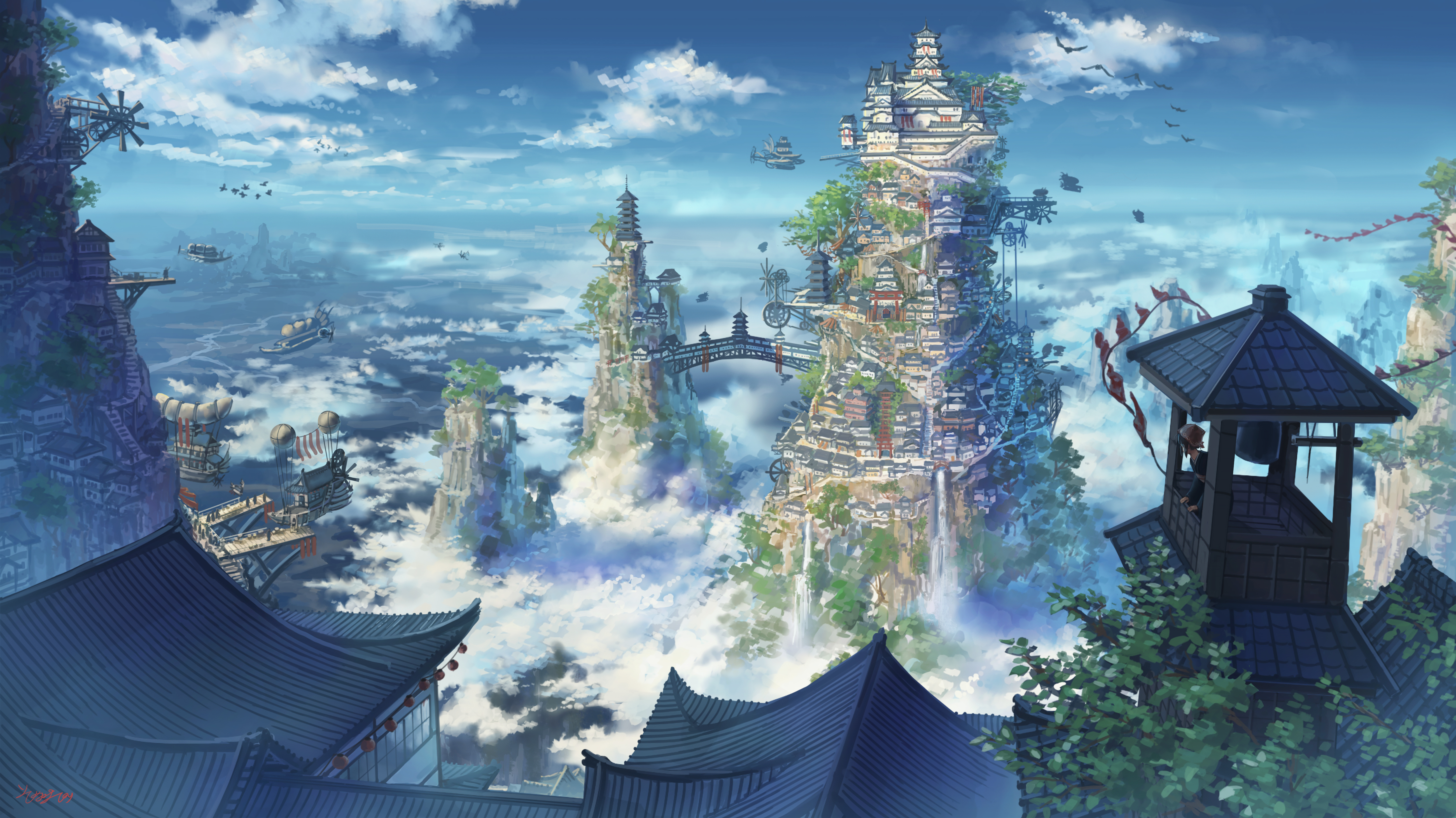 Anime 5200x2925 anime landscape mountains cityscape Flying ships Asian architecture