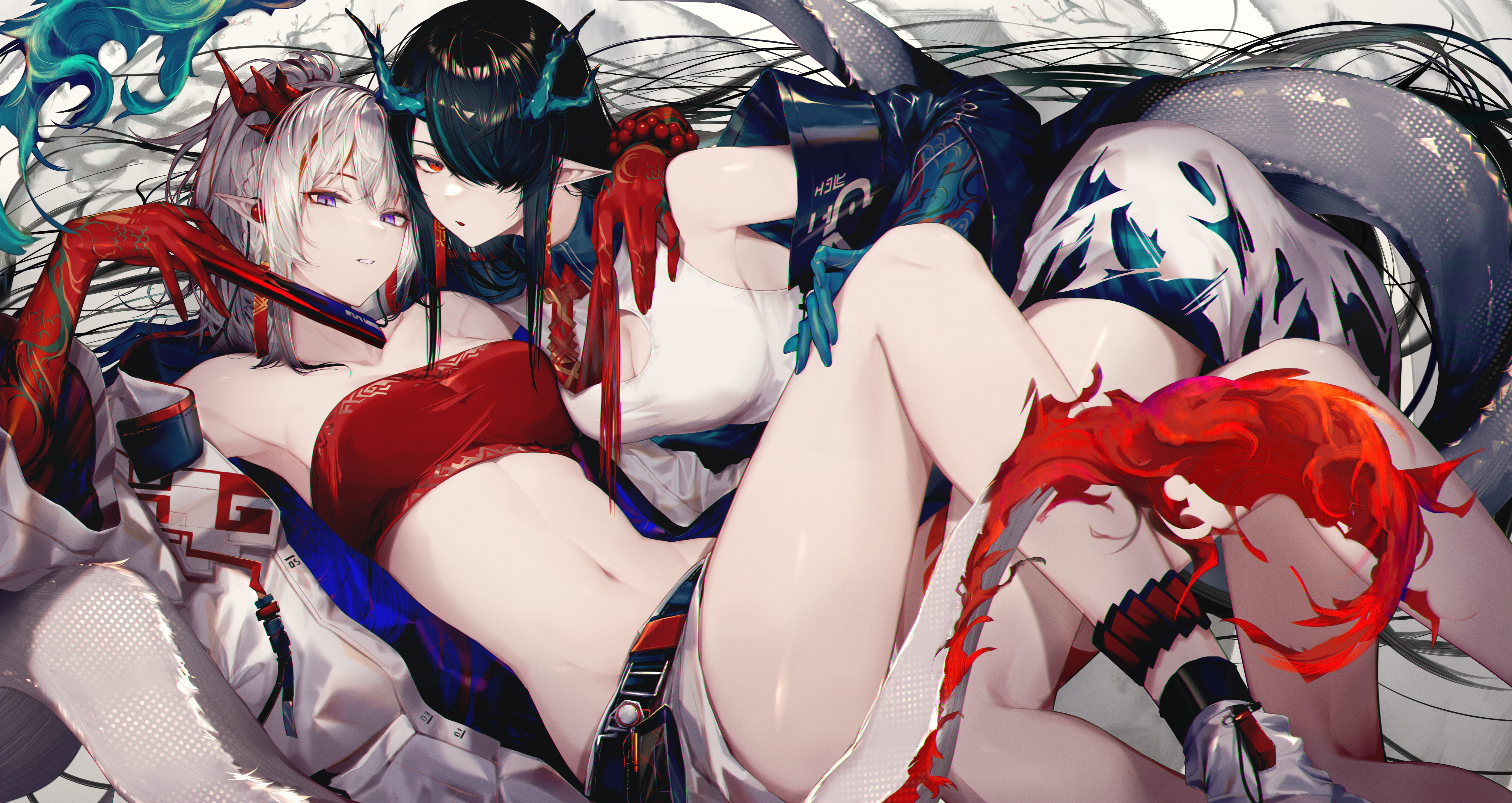 Anime 5045x2680 anime anime girls lying on back cleavage open jacket tube top pointy ears horns tail dragon girl Dusk (Arknights) Nian(Arknights) Arknights artwork