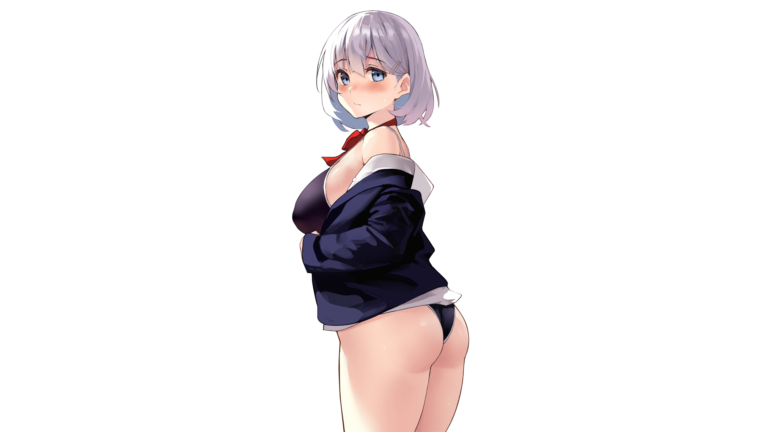 Anime 2560x1440 anime anime girls ecchi simple background ass thighs big boobs swimwear black swimsuit one-piece swimsuit kekemotsu standing open clothes looking back looking at viewer