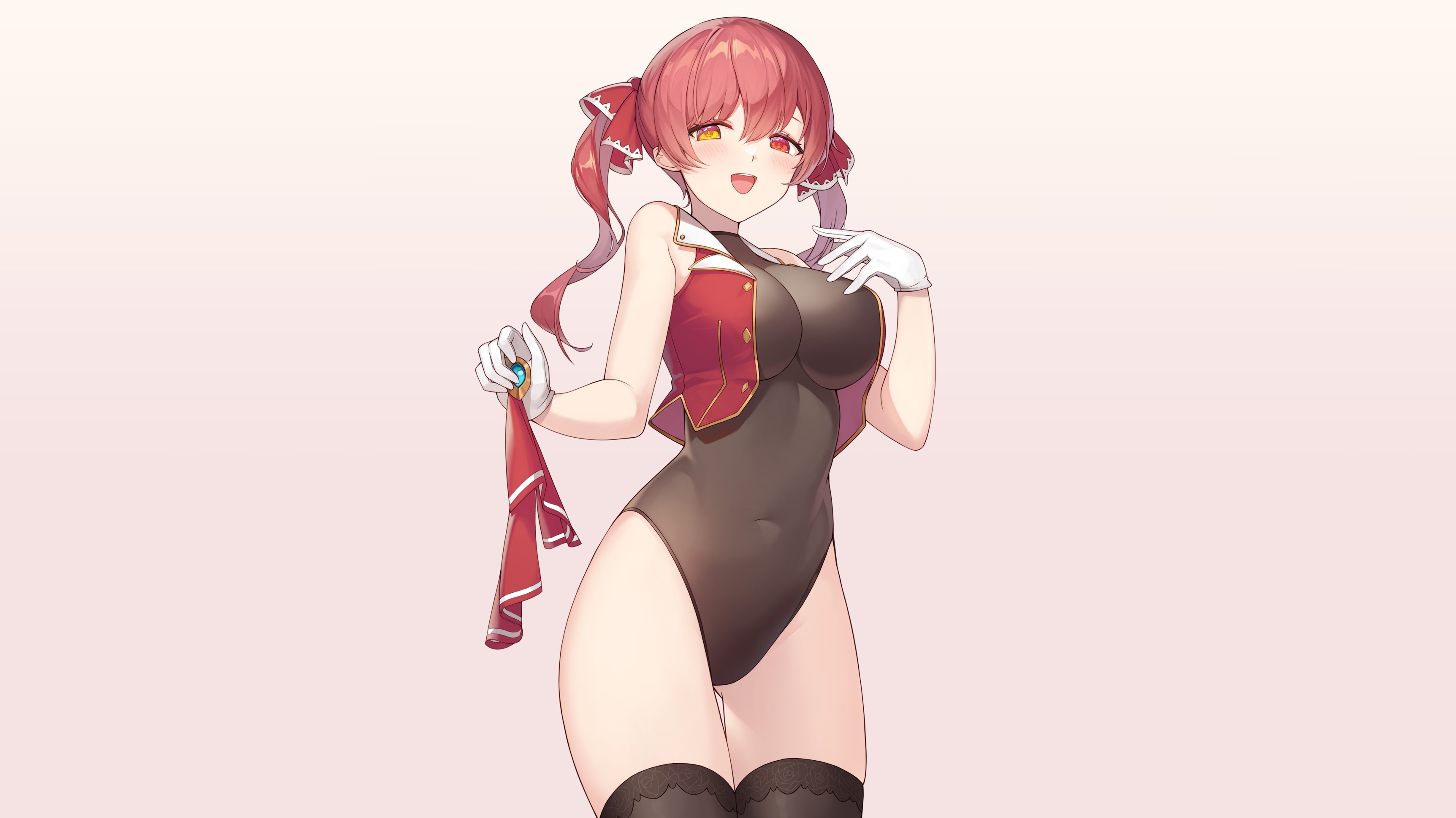 Anime 3449x1940 Btraphen Houshou Marine Hololive Virtual Youtuber anime anime girls simple background looking at viewer hair pulling open mouth redhead twintails long hair leotard big boobs thighs thigh-highs heterochromia