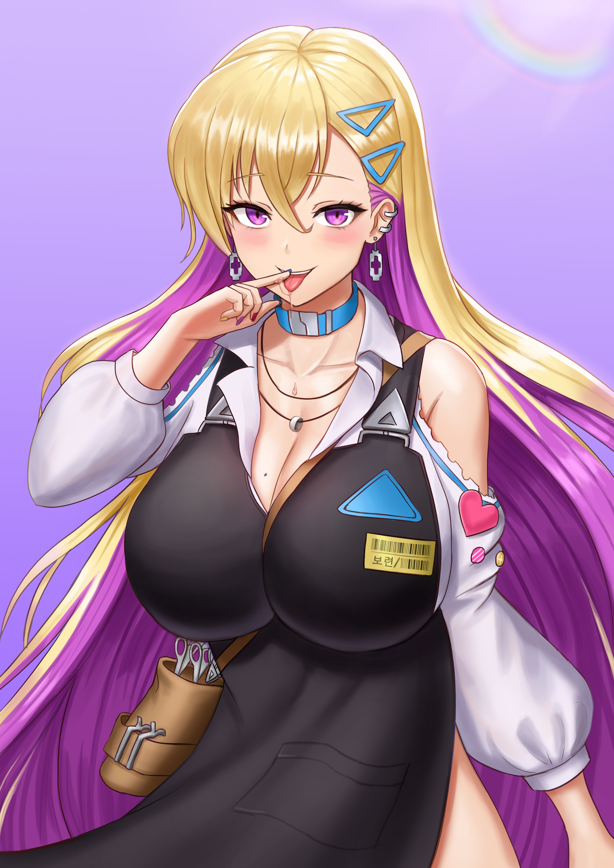 Anime 2480x3508 anime girls Last Origin Boryeon (Last Origin) blonde smiling purple eyes long hair tongue out big boobs cleavage boob pockets suggestive dripping razor blades huge breasts scissors mole on breast moles thighs looking at viewer bangs