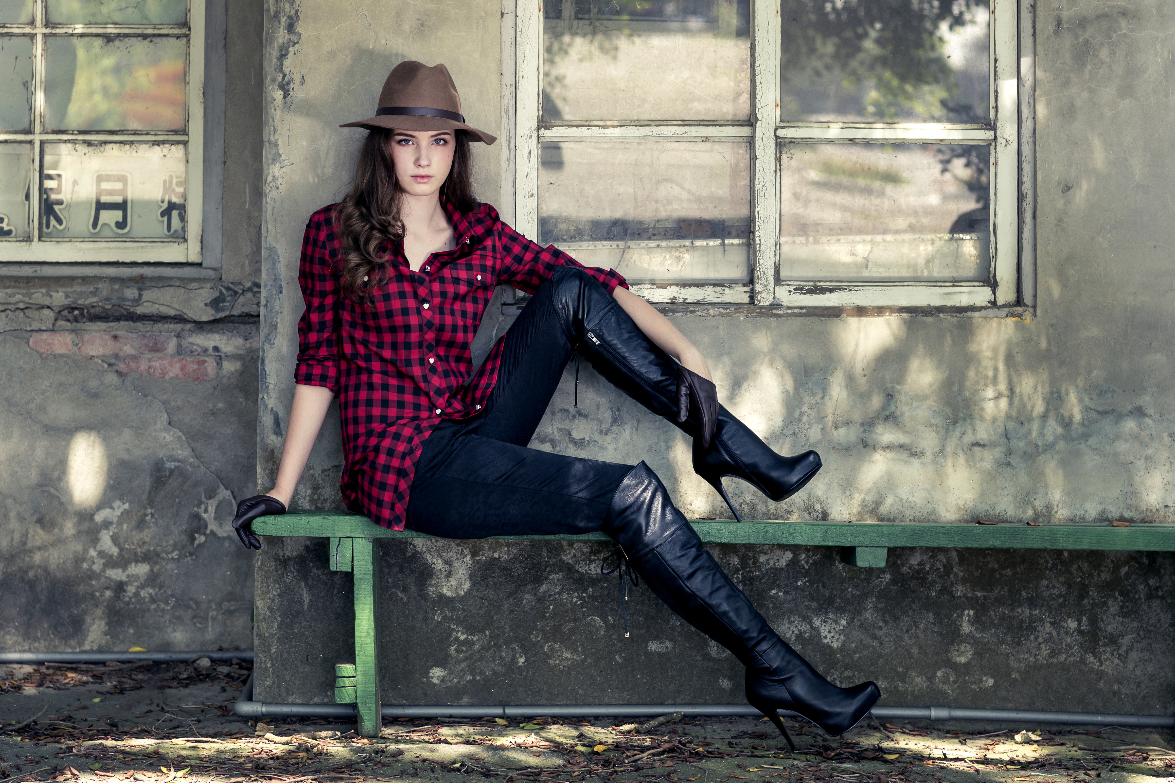 People 4766x3177 model women depth of field high heeled boots knee-high boots hat gloves brown hat on bench black gloves