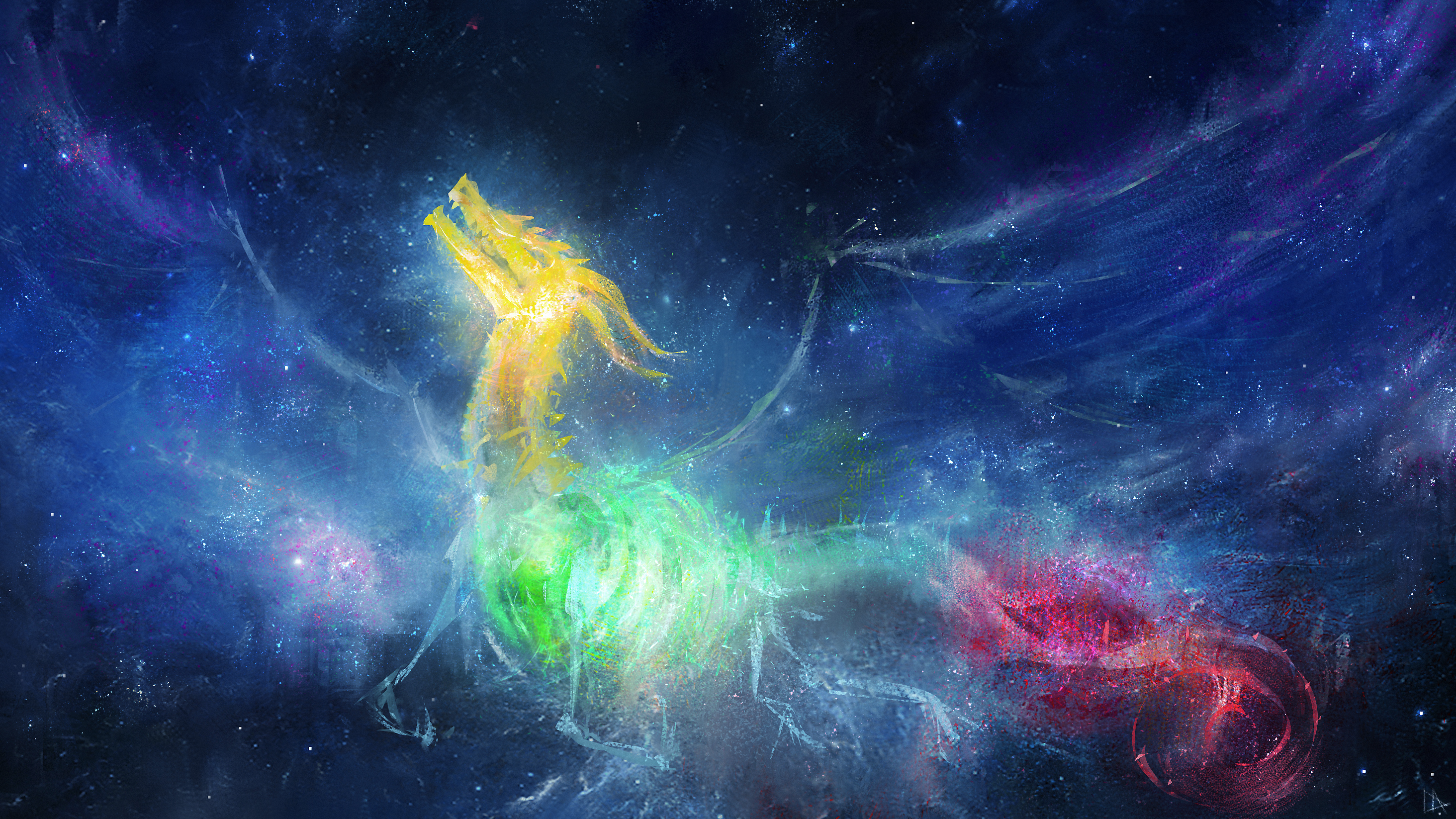 General 2928x1647 artwork dragon colorful stars drawing yellow red green blue wings horns digital art