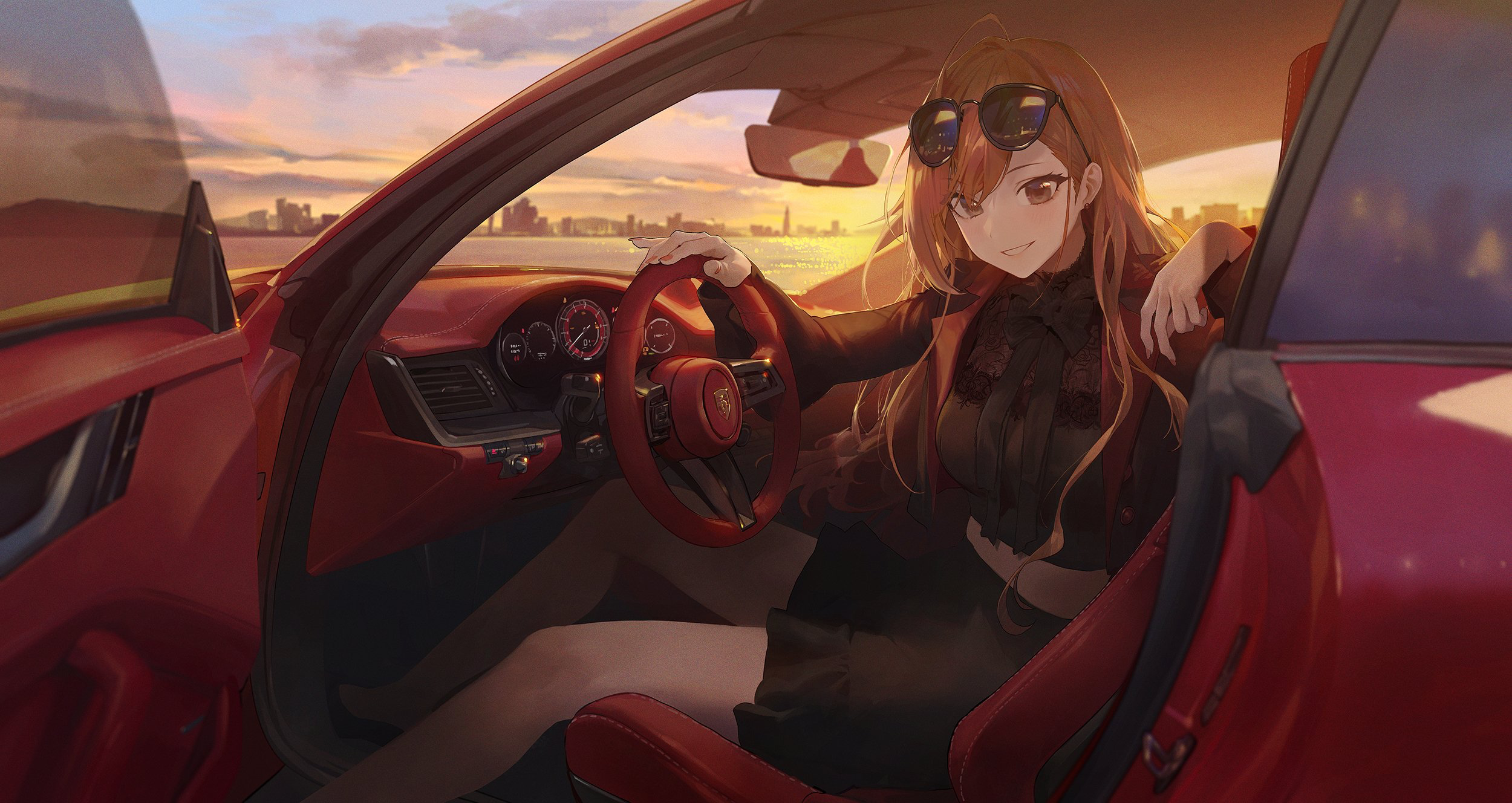 Anime 2500x1328 anime girls red cars Mossi (artist) THE iDOLM@STER arisugawa natsuha THE iDOLM@STER: Shiny Colors Porsche sitting