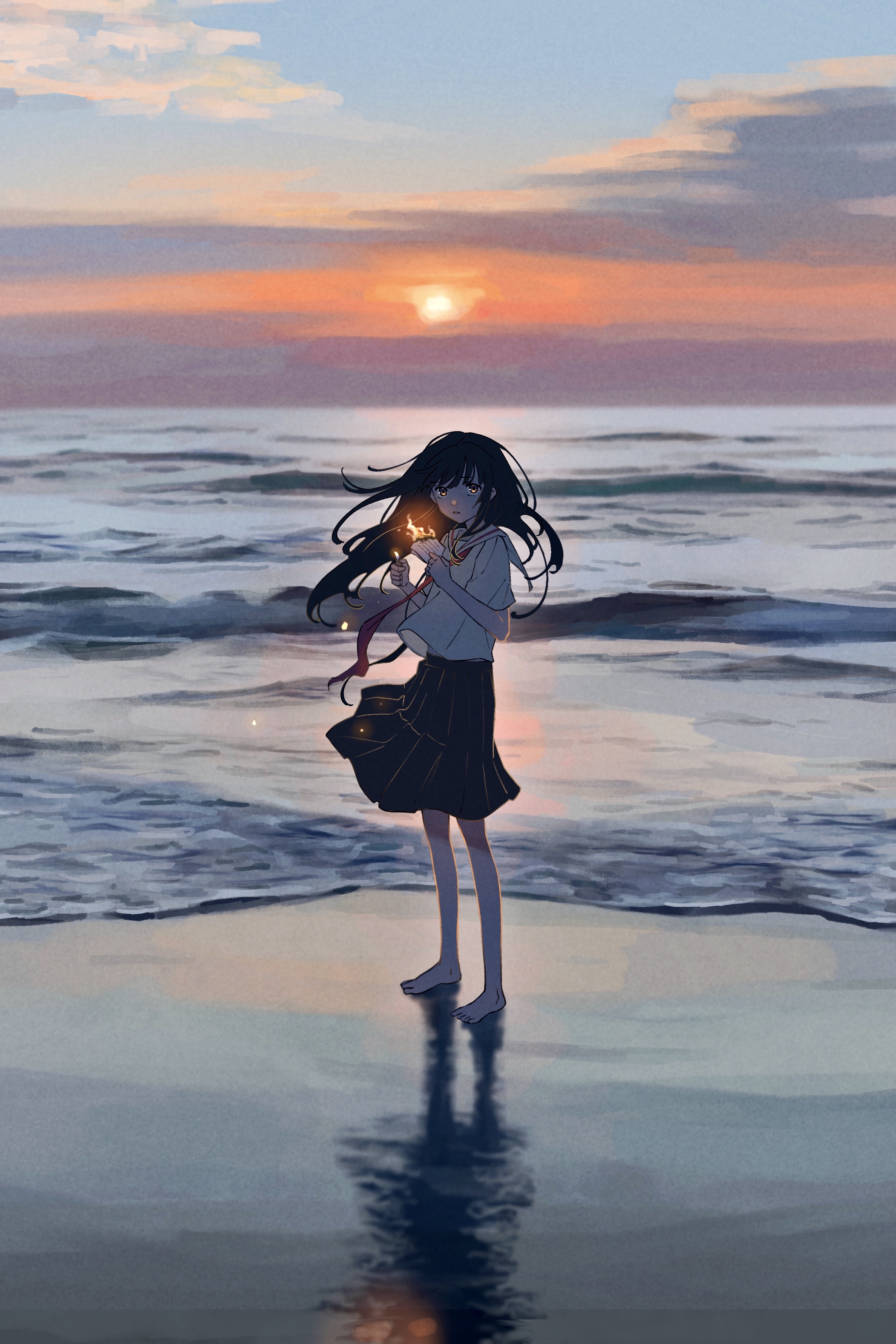 Anime 2376x3563 Mele anime anime girls artwork beach sunset school uniform barefoot
