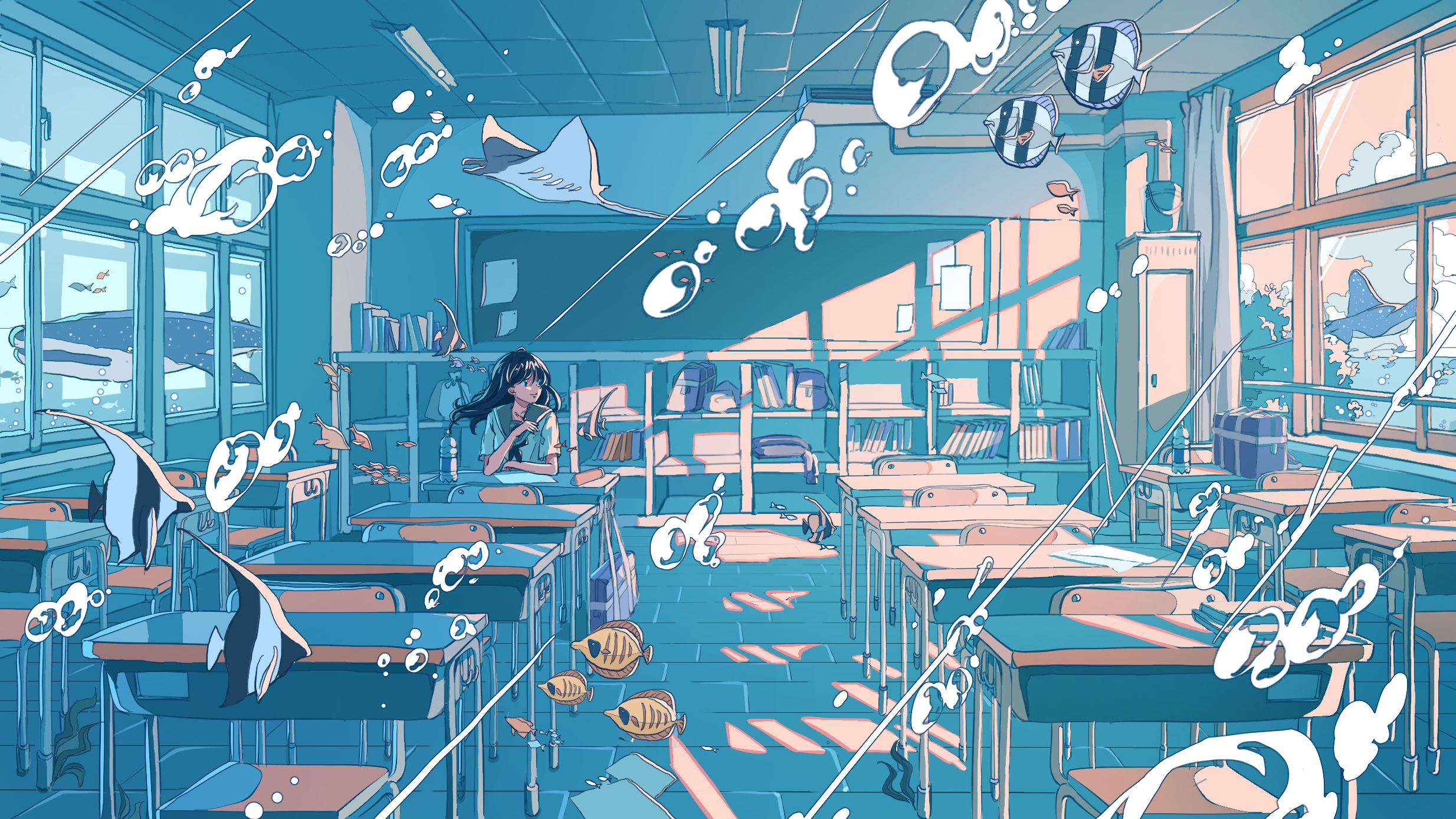 Anime 2468x1388 anime anime girls digital art artwork 2D portrait Ichigoame school uniform classroom