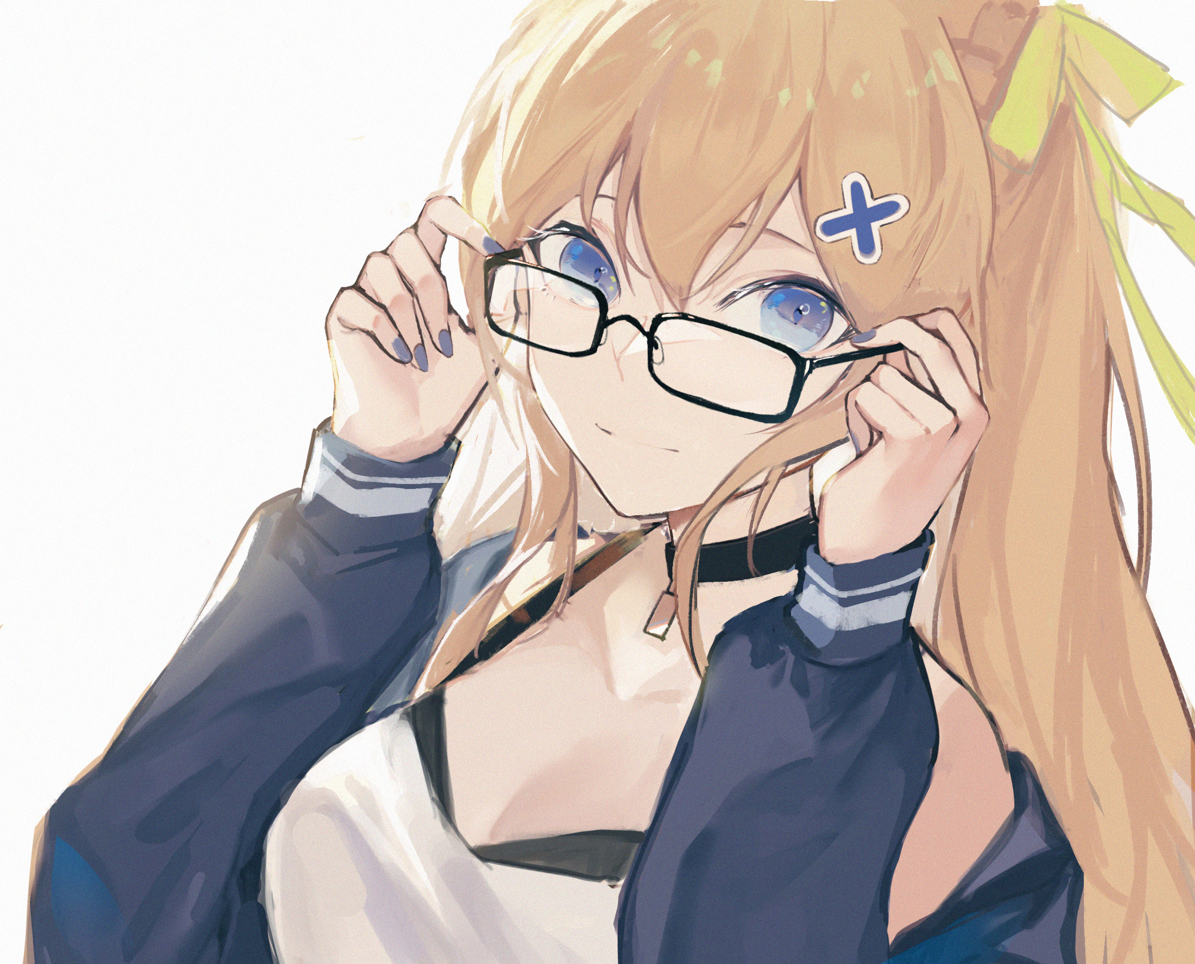 Anime 2408x1942 glasses anime girls blonde anime simple background long hair painted nails blue nails looking at viewer beige background artwork blue eyes Fanshu