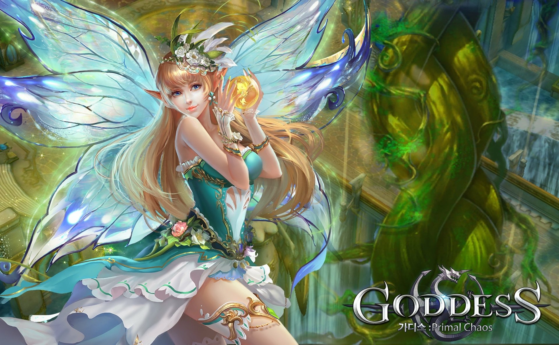 General 1920x1185 Goddess: Primal Chaos video game girls PC gaming fantasy art fantasy girl pointy ears wings long hair blonde dress smiling