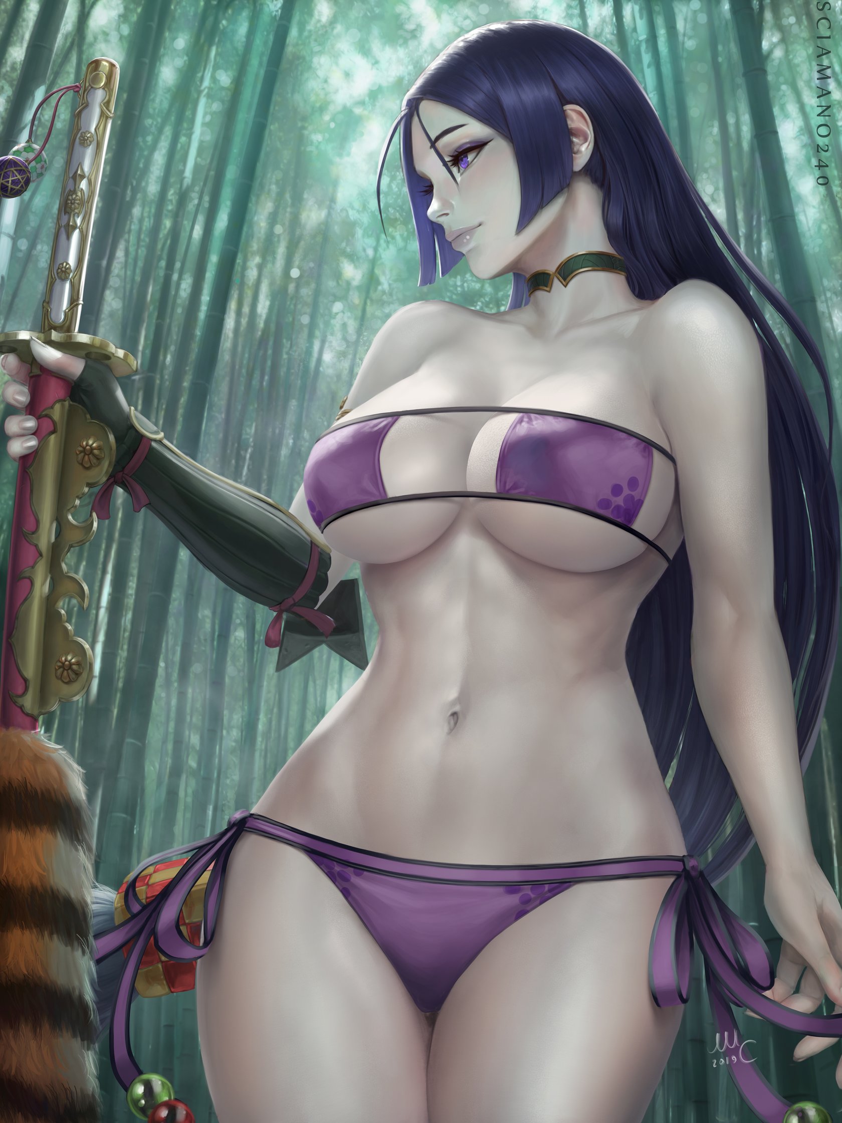 Anime 1680x2240 boobs big boobs bikini purple bikini Mirco Cabbia choker Minamoto no Raikou sword forest grey skin bamboo Fate/Grand Order Fate series