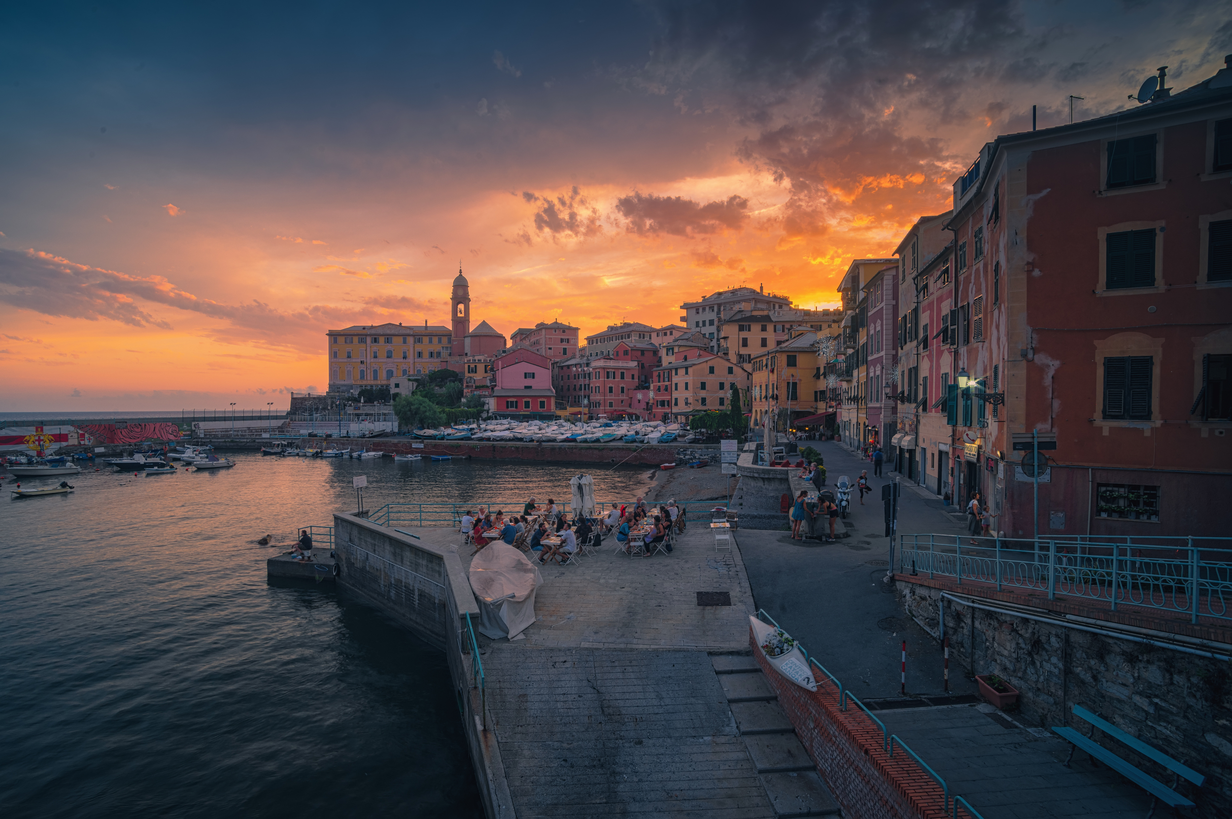 General 2500x1662 city cityscape water sunset sky clouds warm light urban outdoors photography people architecture Italian Andrey Ozherelev Genoa Nervi