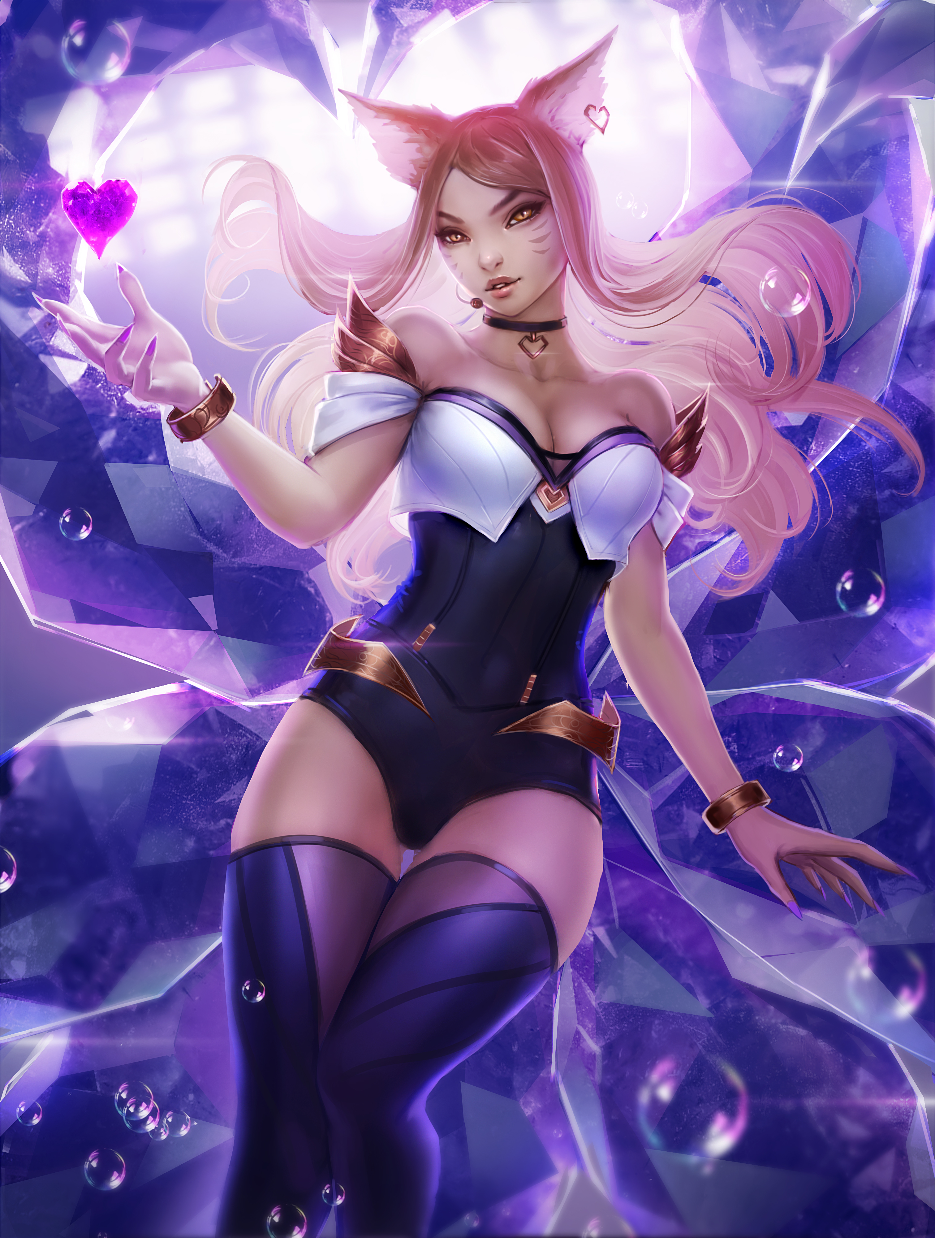 General 3022x4000 Ahri (League of Legends) League of Legends video games video game characters fan art video game girls fictional character fantasy girl portrait display looking at viewer parted lips blonde fox girl fox ears crystal  bubbles bare shoulders cleavage bodysuit the gap thigh-highs artwork drawing digital art illustration Zarory KDA Ahri bracelets