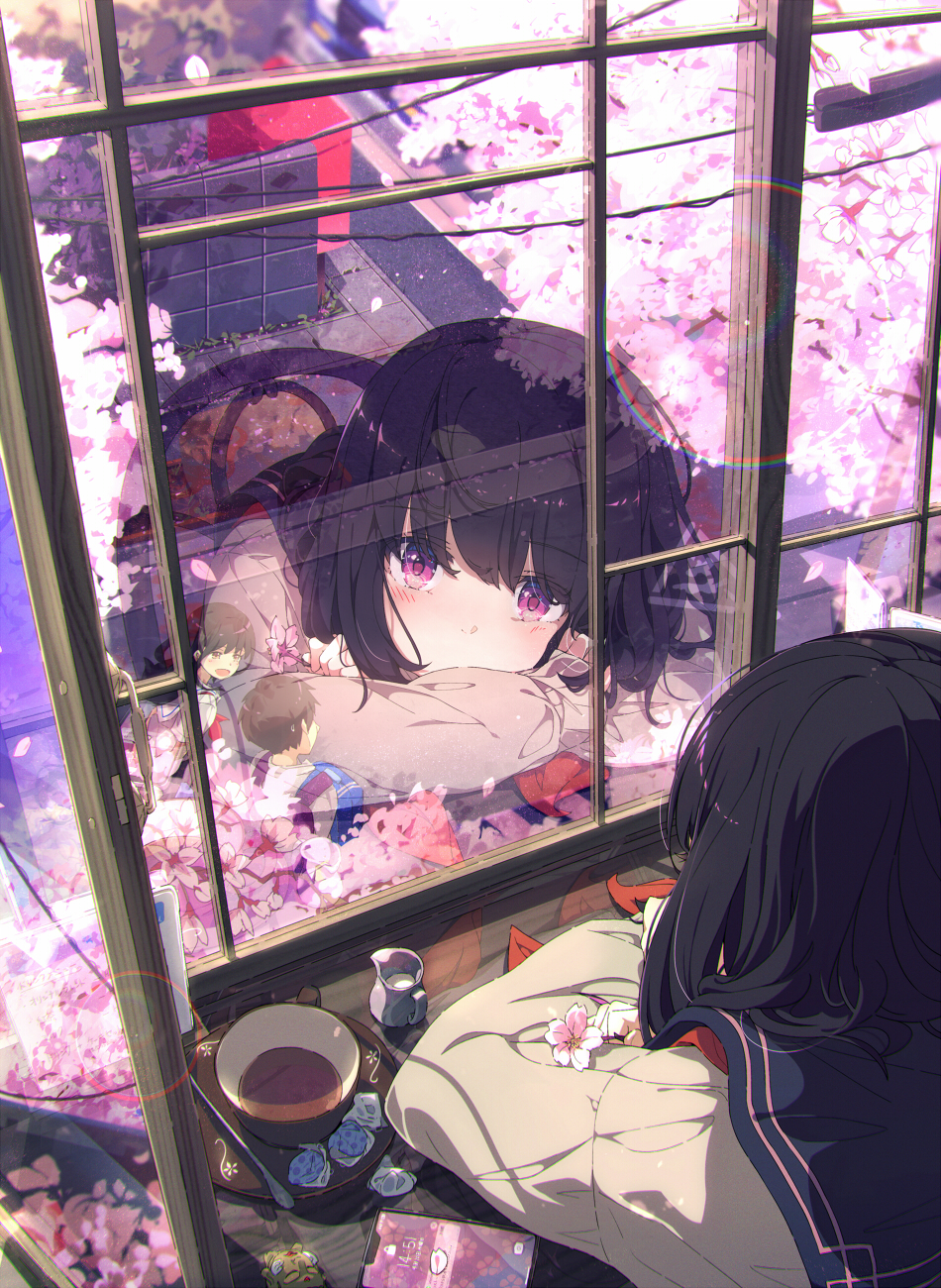 Anime 950x1300 anime anime girls portrait display original characters reflection sailor uniform cherry blossom window Ogipote dark hair purple eyes