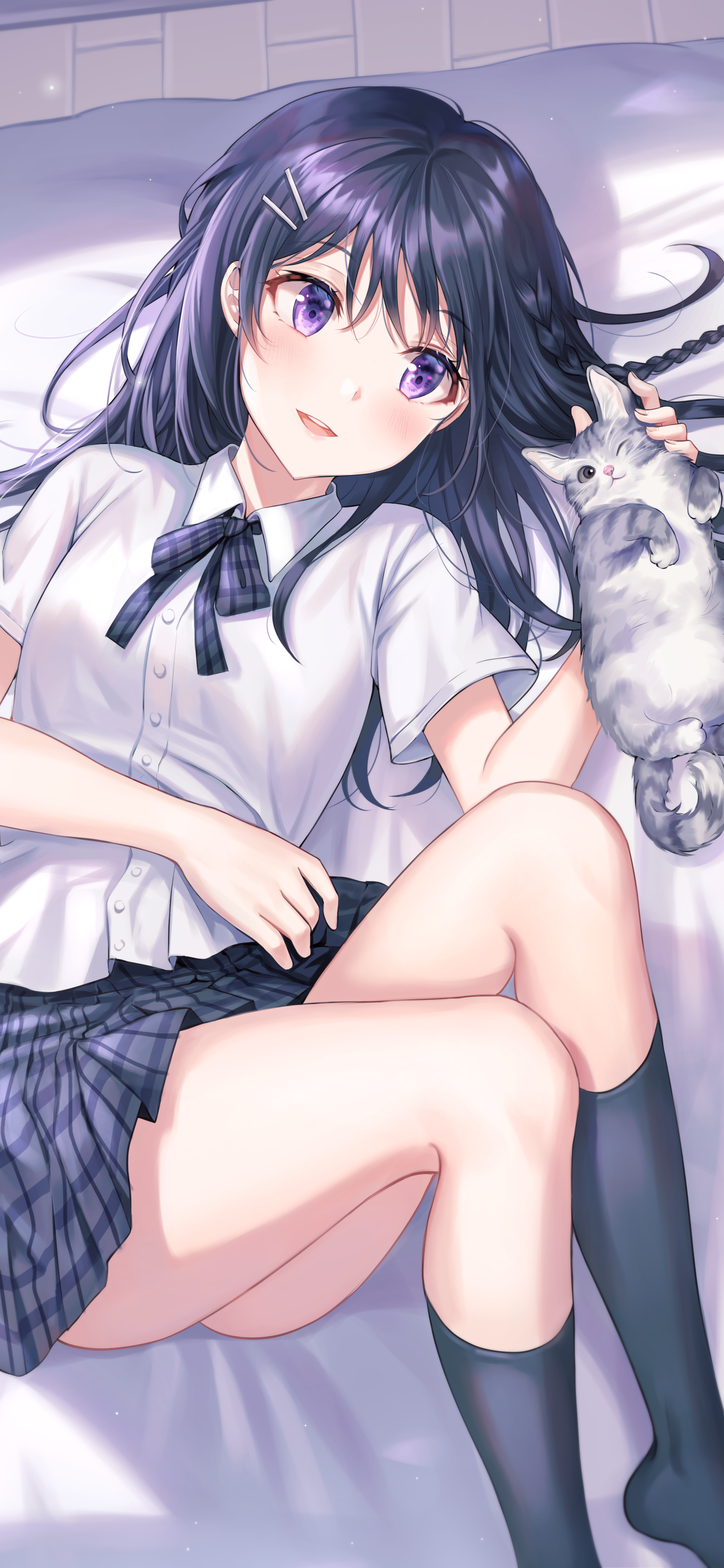Anime 2221x4810 anime girls school uniform cats thighs anime artwork Tokkyu (artista) dark hair purple eyes