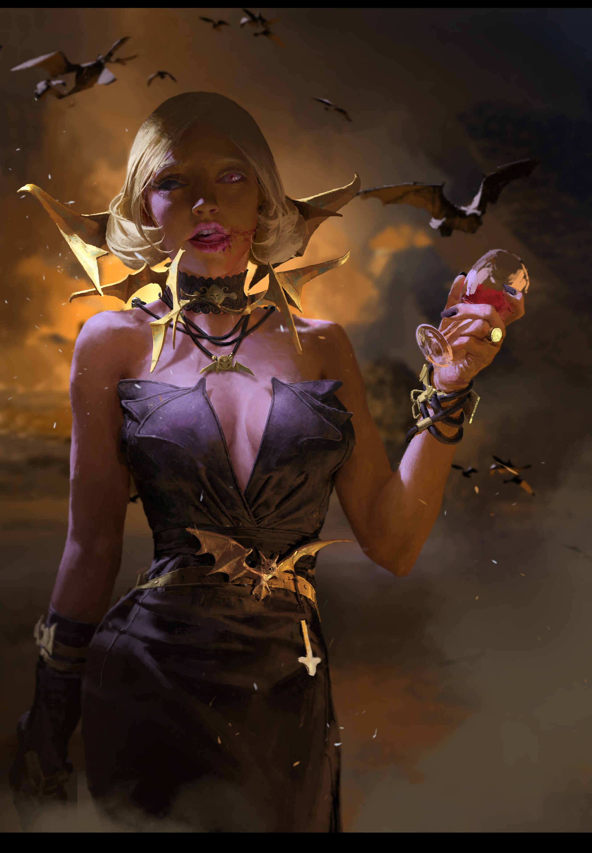 General 1920x2767 Insist __ (Artist) women wine glass digital art tongue out vampires cleavage bare shoulders open mouth short hair bats wine red wine blood portrait display drawing looking at viewer pink eyes artwork ArtStation