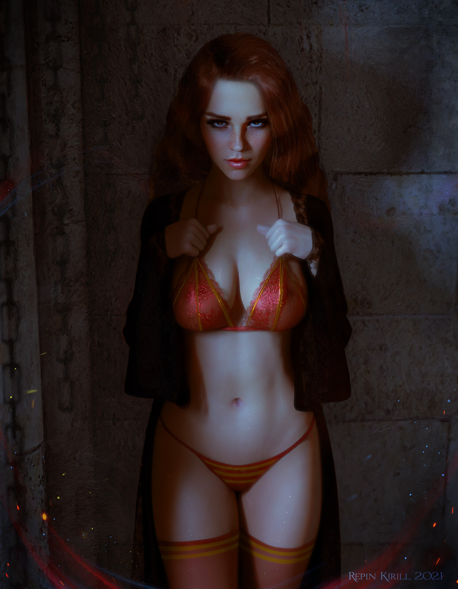 General 1493x1920 Kirill Repin drawing Harry Potter women redhead long hair blue eyes looking at viewer freckles robes black clothing open clothes lingerie lace bra see-through clothing nipples through clothing panties thigh-highs stockings indoors chains