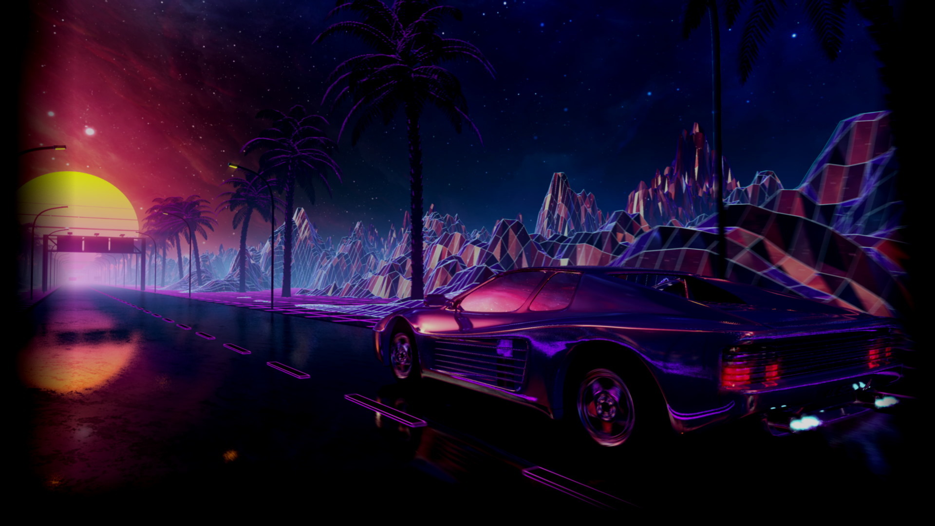 General 1920x1080 retrowave car road night sunset stars palm trees street light grid synthwave video games reflection mountains