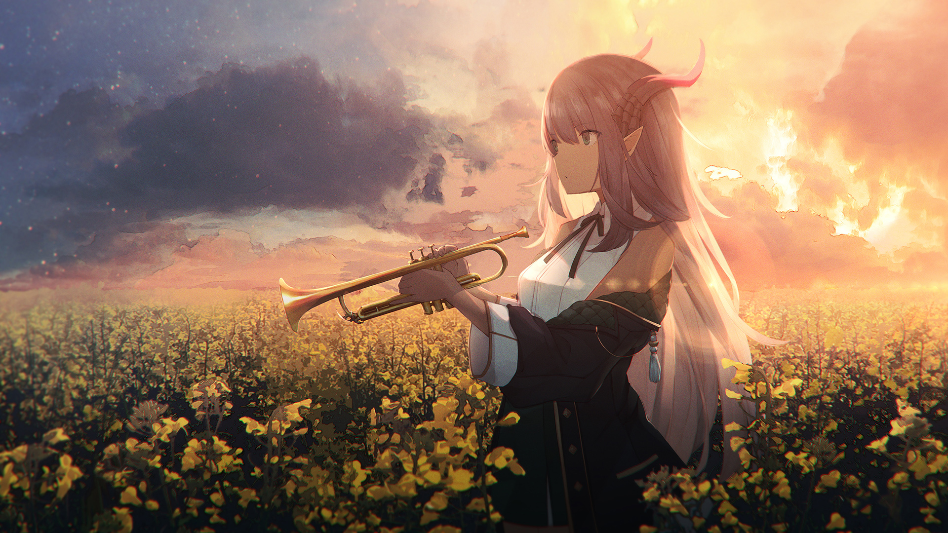 Anime 1920x1080 anime girls anime trumpet horns pointy ears musical instrument sagiri (ulpha220) artwork cropped