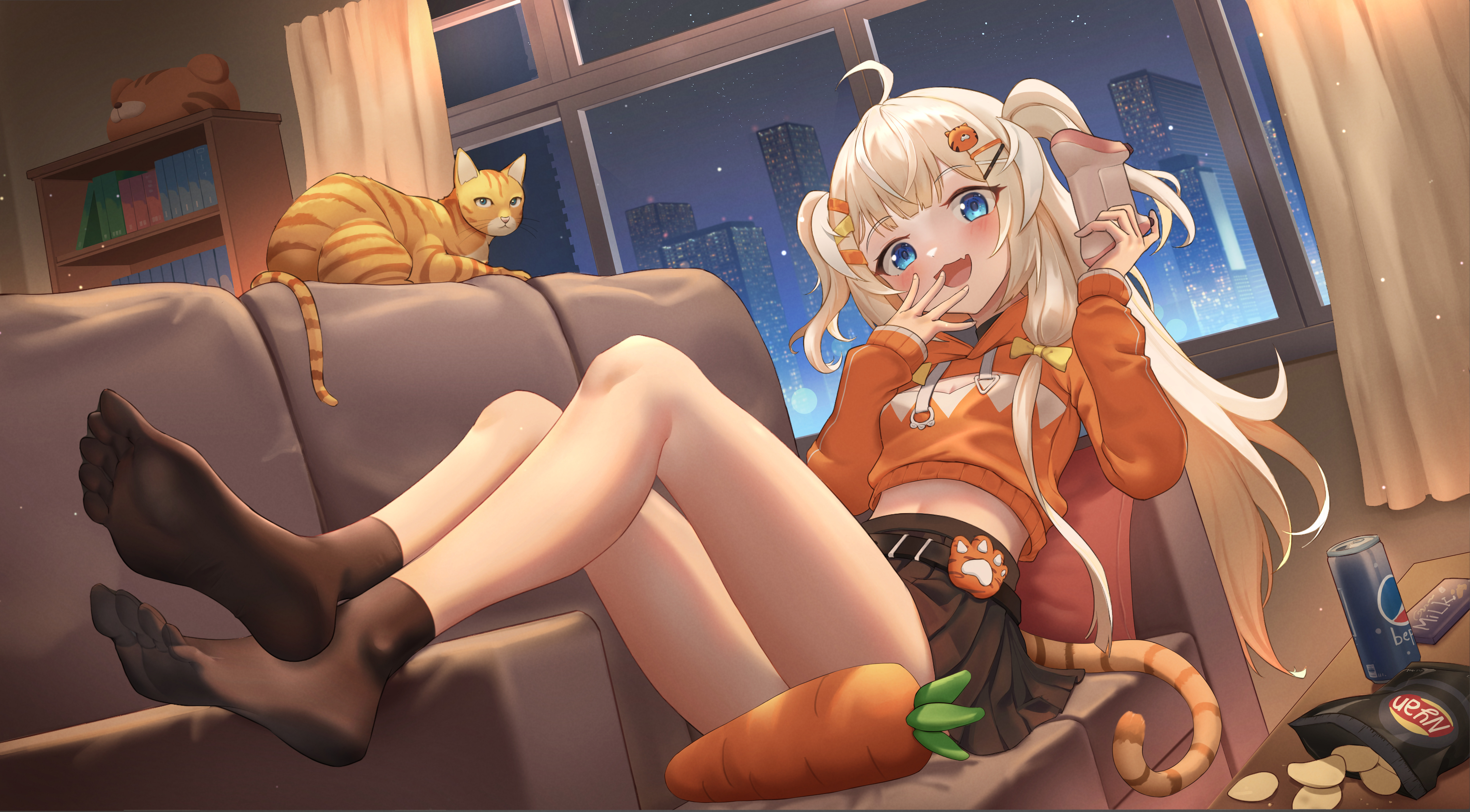 Anime 8765x4843 anime anime girls cats cat girl cat tail carrots blonde controllers chips couch feet