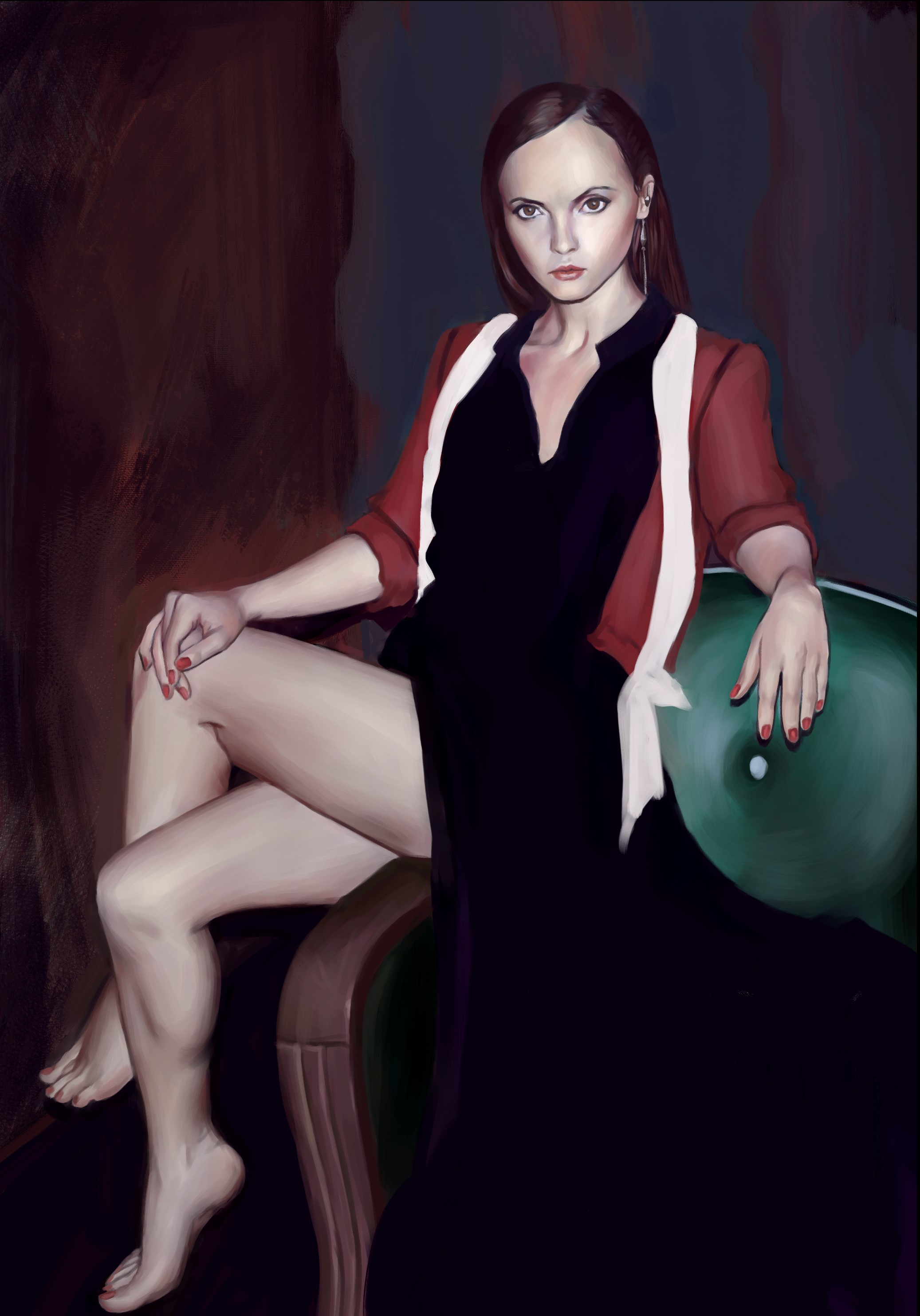 General 2074x2968 Christina Ricci artwork women actress sitting thighs legs barefoot red nails painted nails looking at viewer legs crossed digital art portrait display