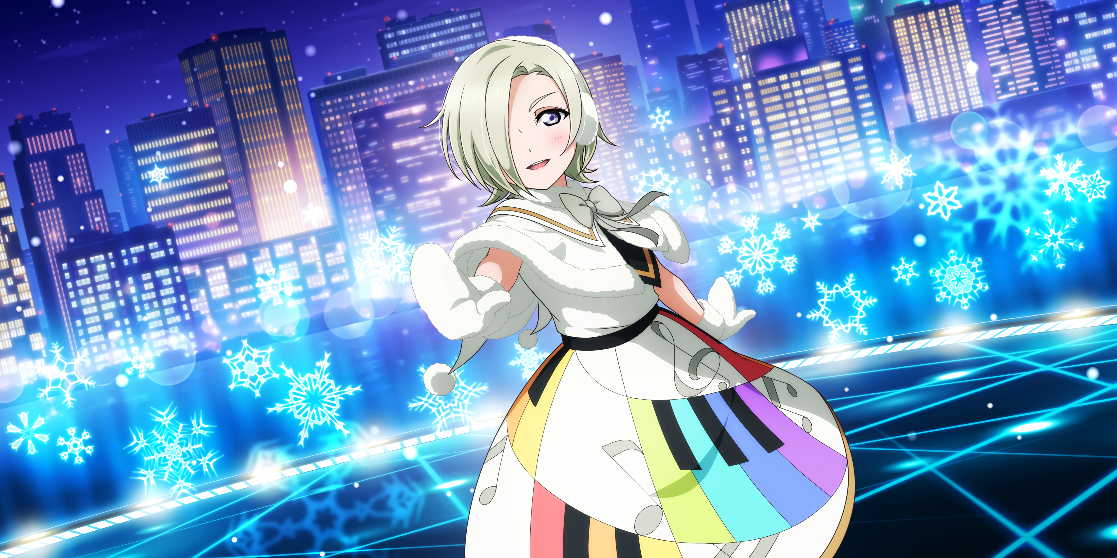 Anime 3600x1800 Mia Taylor Love Live! anime girls anime hair over one eye dress parted lips musical notes city cityscape looking at viewer gloves green hair