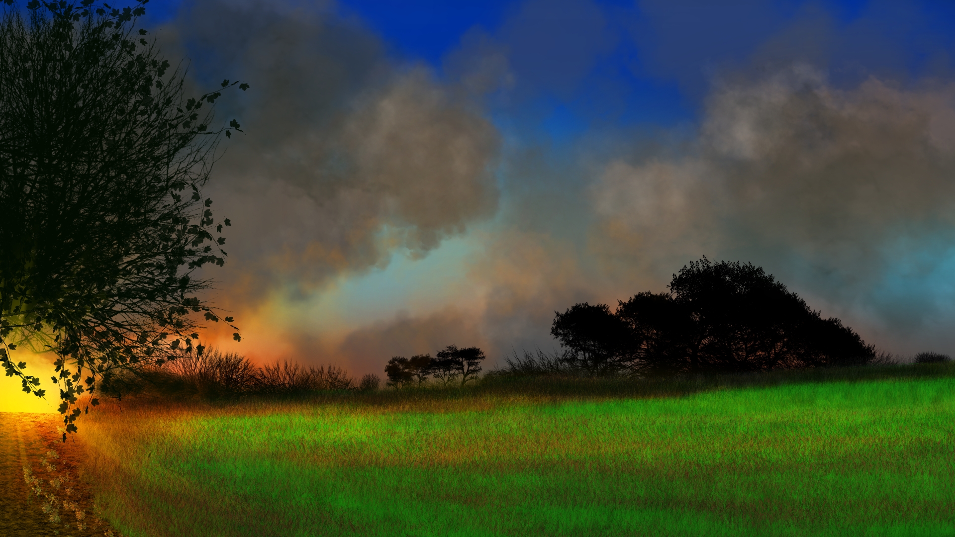 General 1920x1080 digital painting digital art landscape nature field sunset