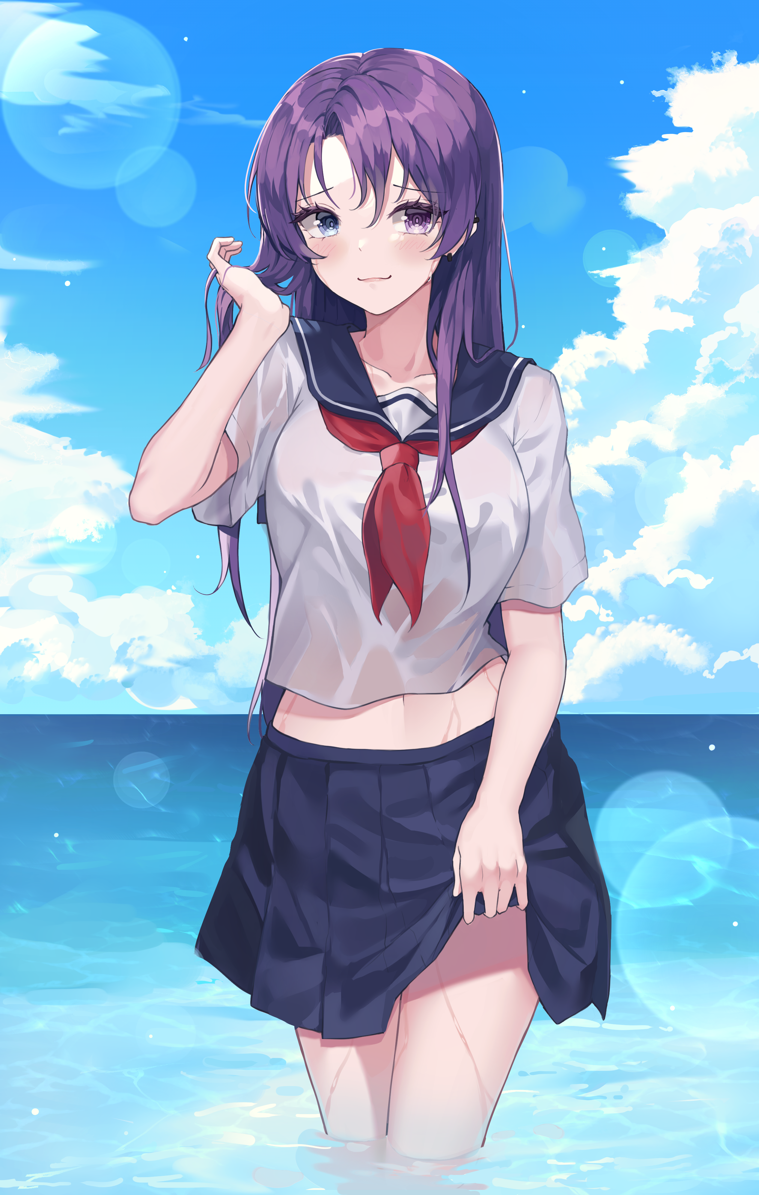 Anime 2532x3989 anime girls schoolgirl school uniform beach purple hair heterochromia lifting skirt luxiel wet body clouds standing in water