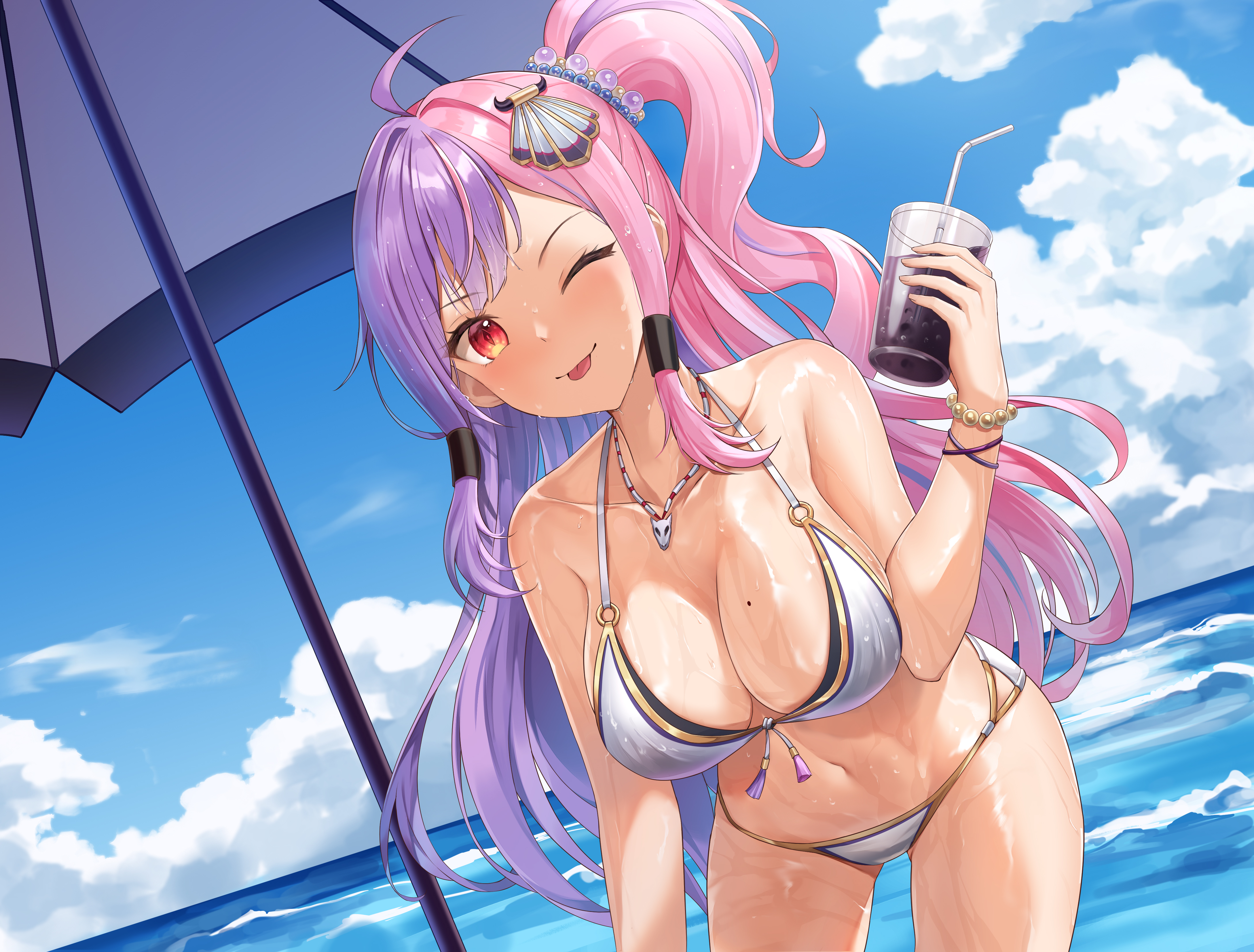 Anime 4355x3308 Lunacle anime anime girls pink hair bikini wet water digital art