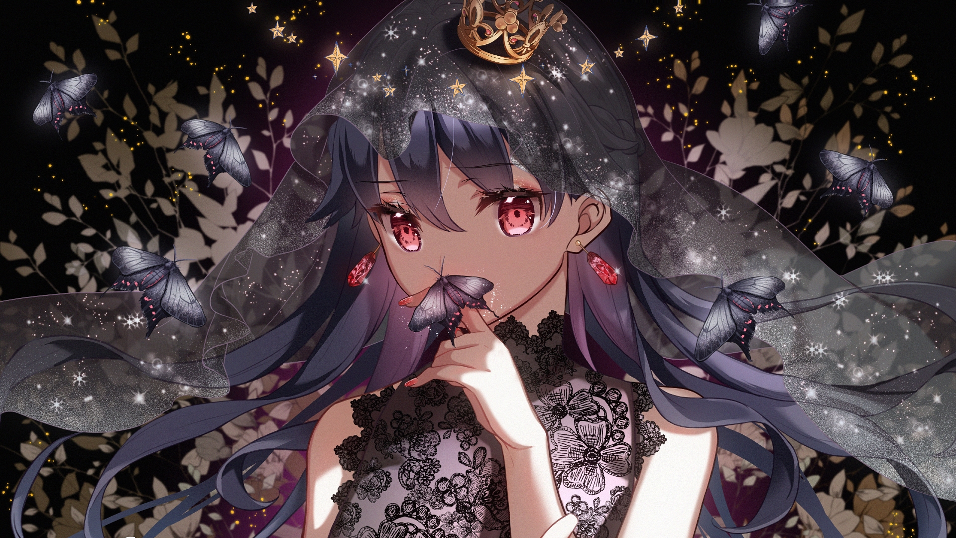 Anime 1920x1080 anime anime girls butterfly red eyes earring crown dark hair long hair stars red nails long nails dress plants insect artwork Ktmzlsy