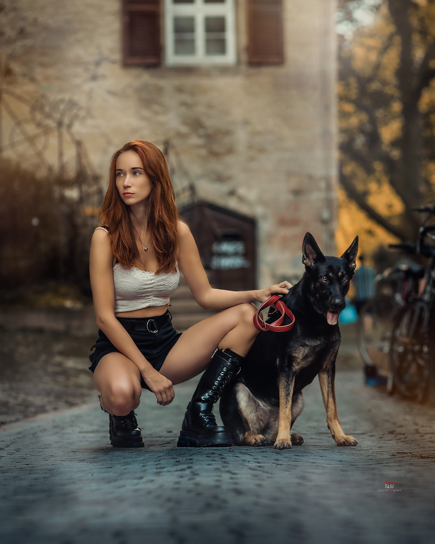 People 1440x1800 Tasos Ioannou women redhead long hair looking away boots squatting animals dog outdoors women with dogs
