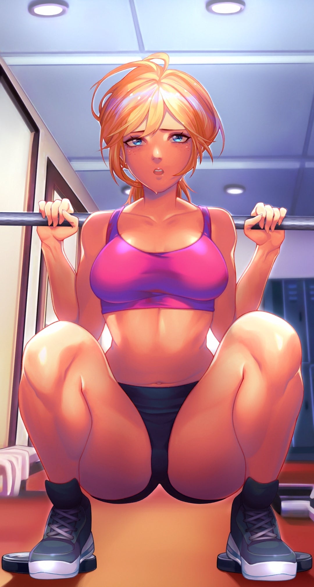 Anime 1080x2020 gym clothes Hot gym thighs cameltoe squatting anime girls b...