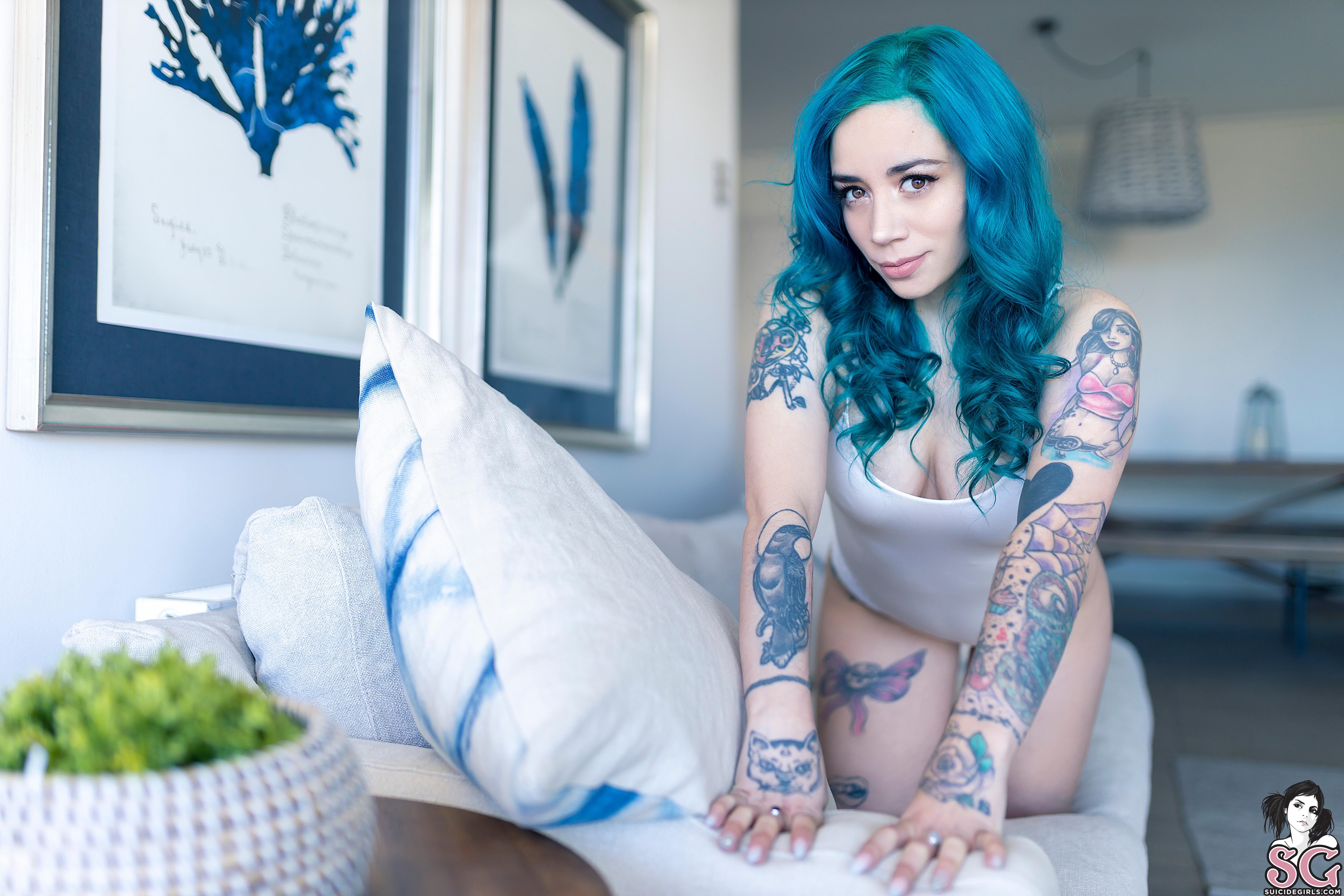People 3360x2240 Suicide Girls women model Catt Suicide tattoo face couch dyed hair kneeling body lingerie inked girls blue hair brown eyes bokeh bent over