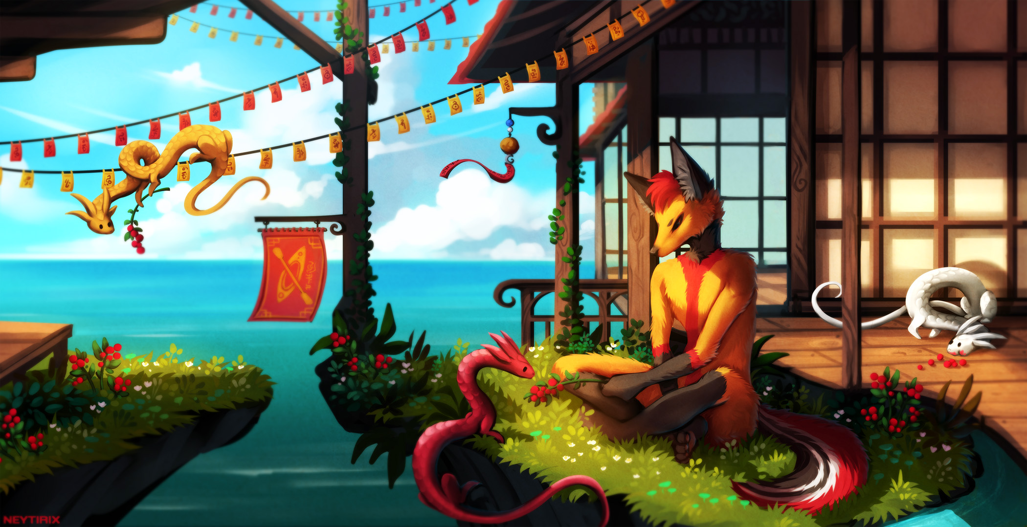 General 2100x1078 digital art dragon Neytirix Anthro boathouses fox berries watermarked Chinese dragon