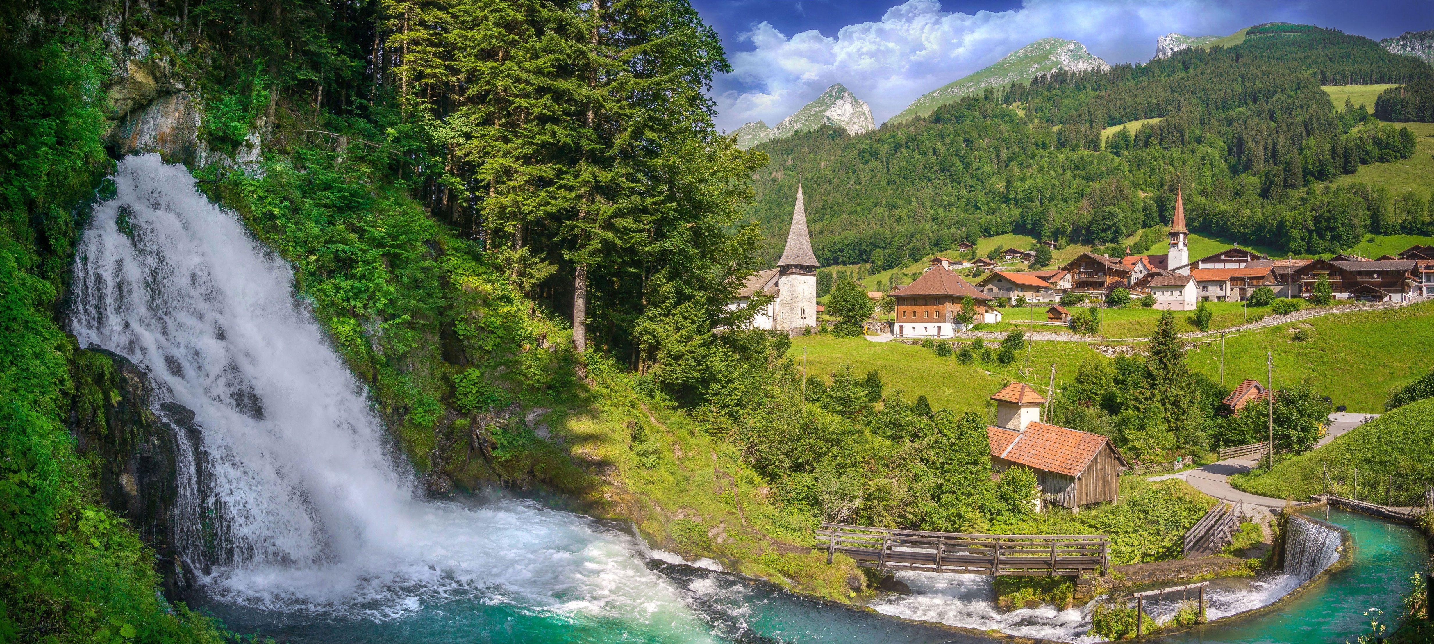 General 4933x2215 nature landscape Switzerland water plants village waterfall mountains
