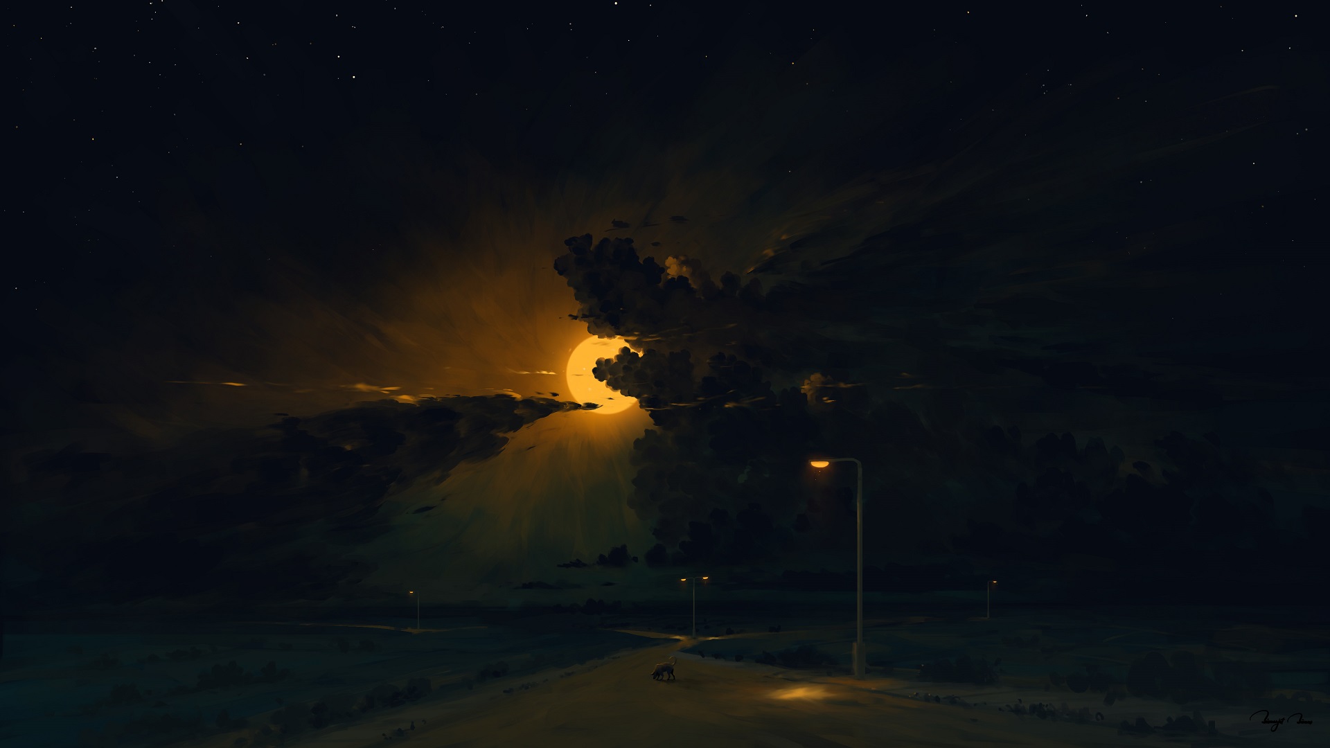 General 1920x1080 digital painting night clouds Moon dog midnight BisBiswas