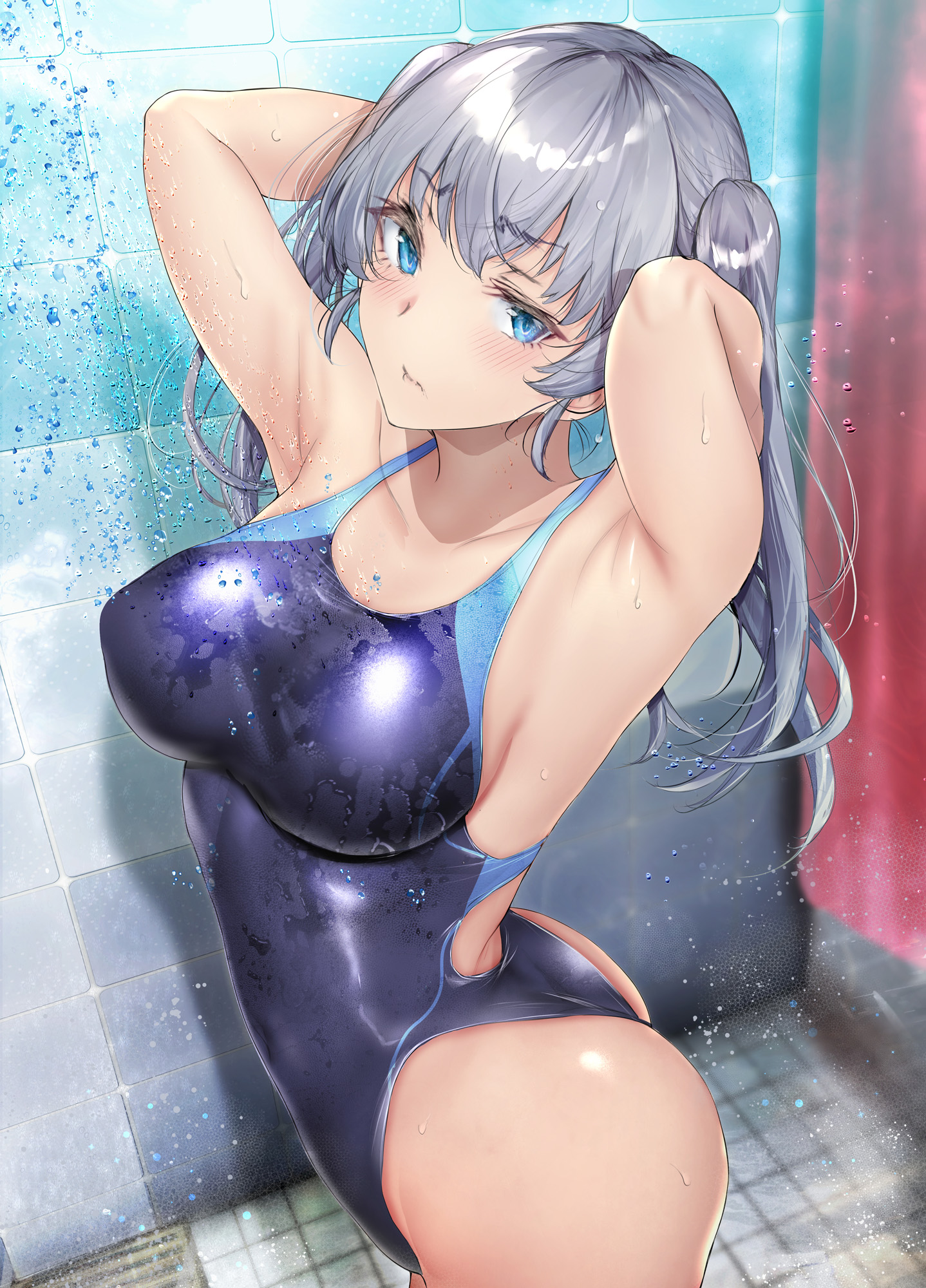 Anime 1438x2000 anime anime girls armpits big boobs silver hair blue eyes wet body water drops ass tight clothing one-piece swimsuit swimwear twintails thighs boob pockets long hair blushing portrait display shower women in shower arms up arm(s) behind head Gentsuki artwork