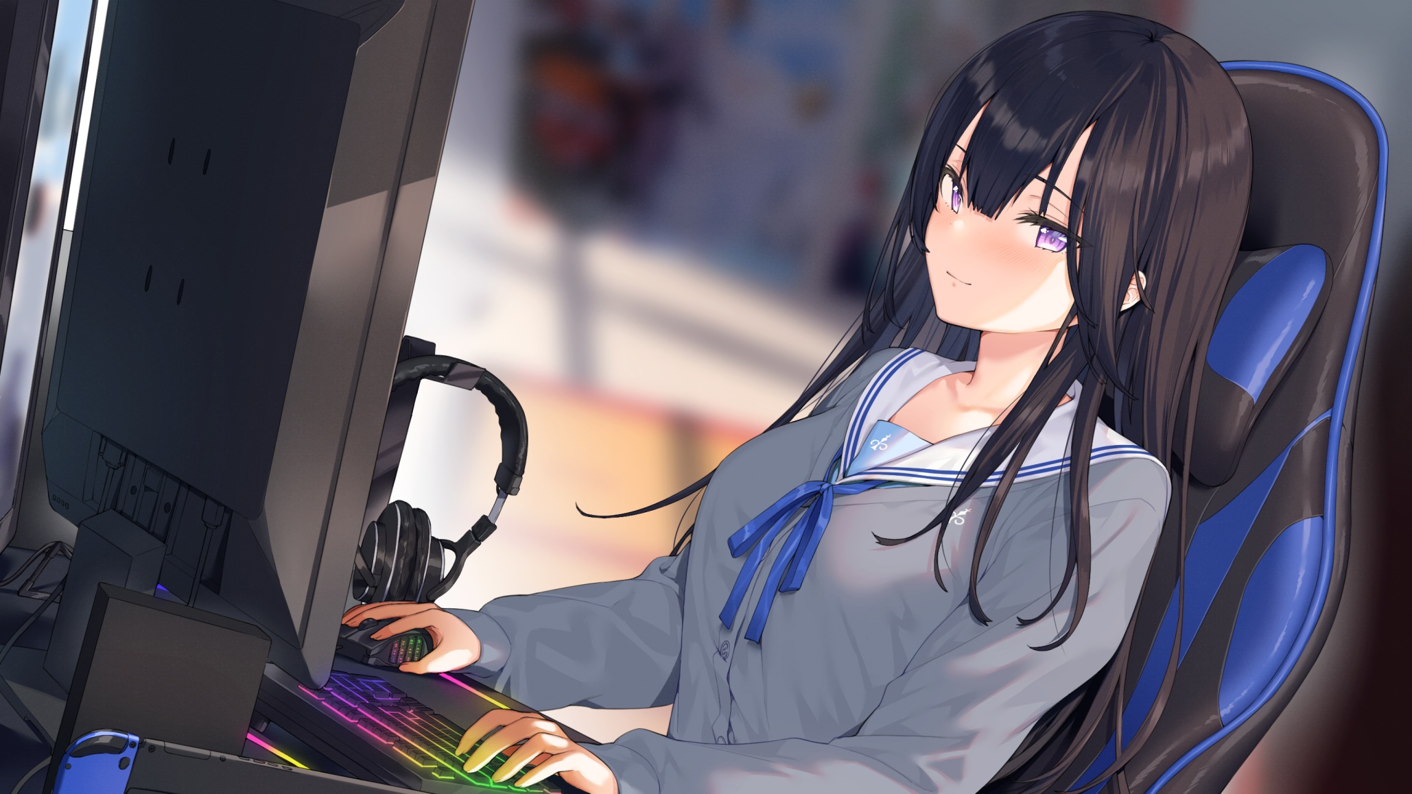 Anime 2058x1158 anime anime girls Itohana artwork dark hair long hair purple eyes computer school uniform