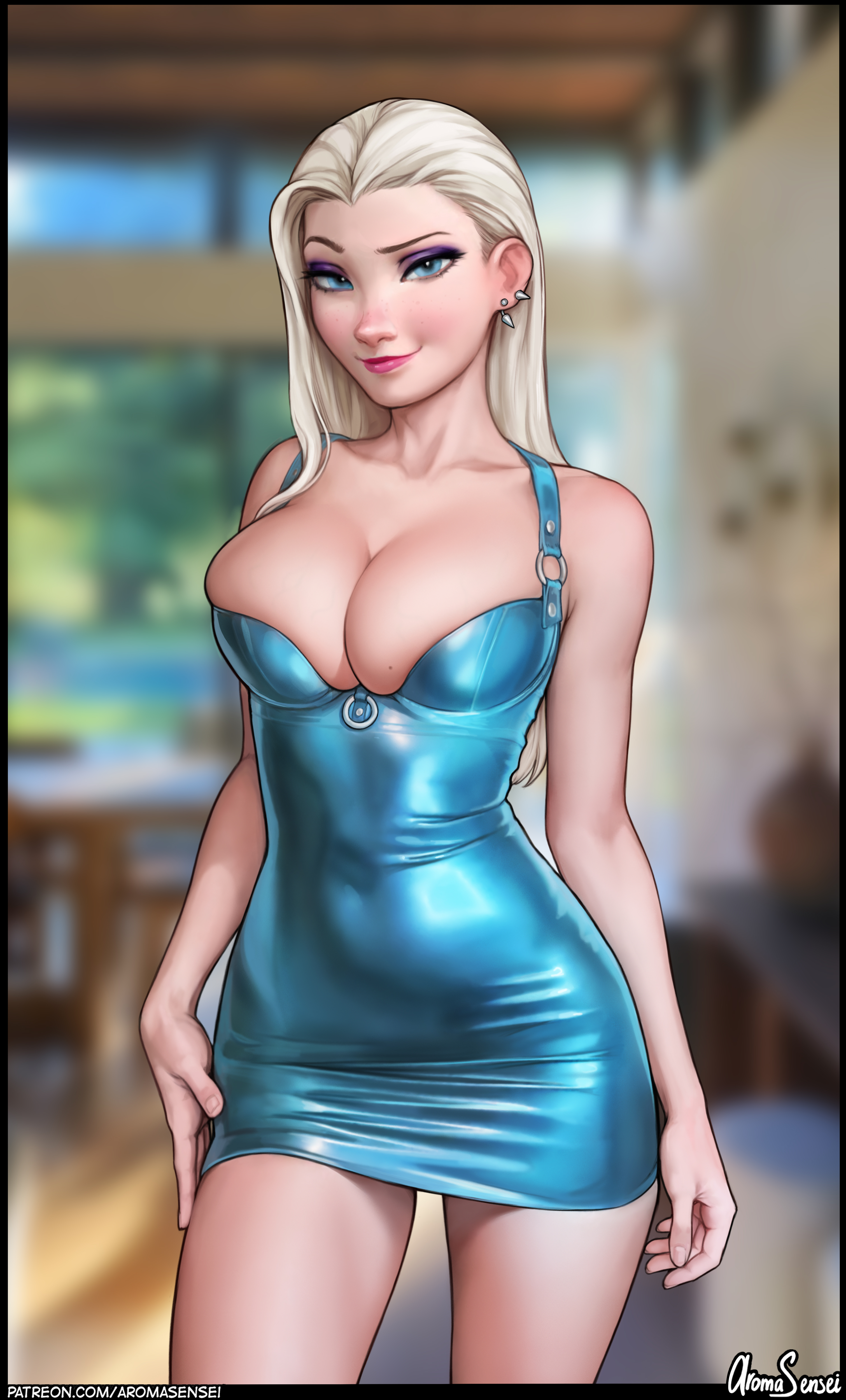 dress tight dress latex looking at viewer cleavage huge breasts artwork dra...
