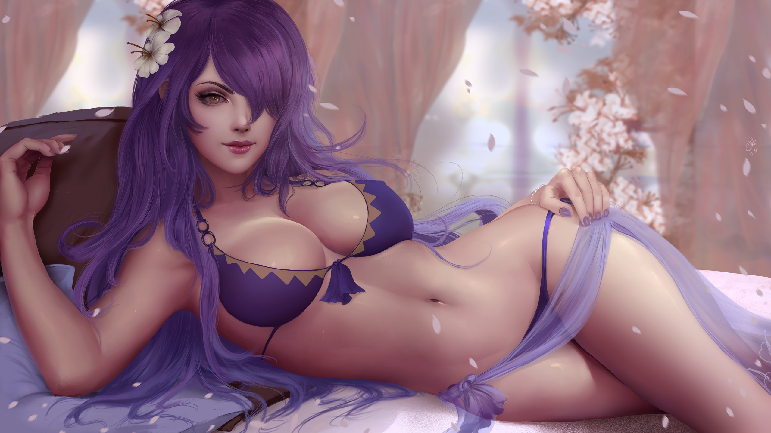 General 2560x1440 digital art fantasy girl Camilla (Fire Emblem) Fire Emblem lying on side looking at viewer petals painted nails purple nails smiling hair over one eye purple hair purple eyes curtains bracelets slim body long hair in bed pillow bed big boobs swimwear lying down flower in hair cleavage video game girls Shu Rakuro Ryugenthor