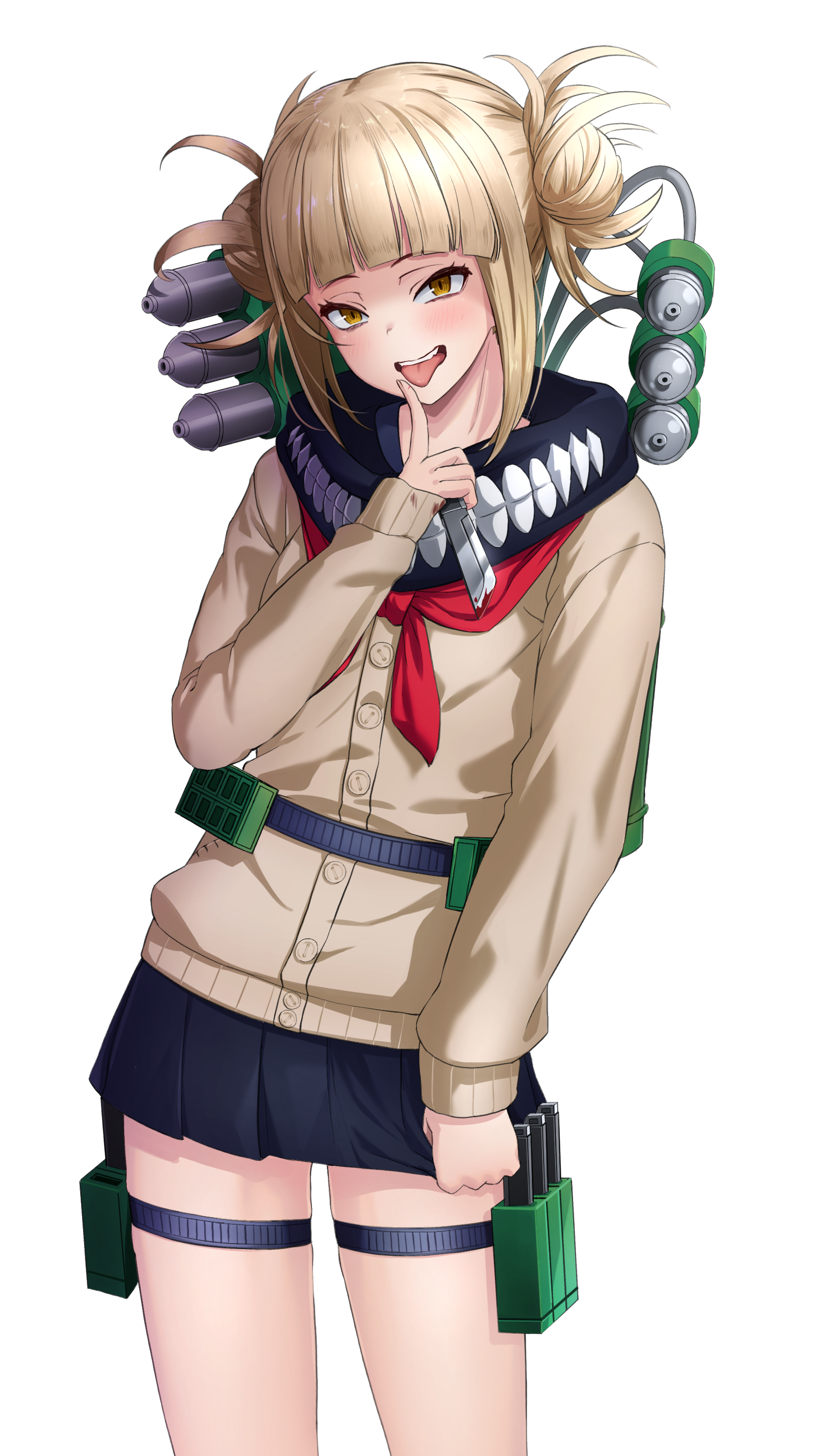 Anime 1700x3035 anime anime girls Boku no Hero Academia Himiko Toga portrait display knife weapon tongue out tongues bangs blunt bangs simple background white background hairbun