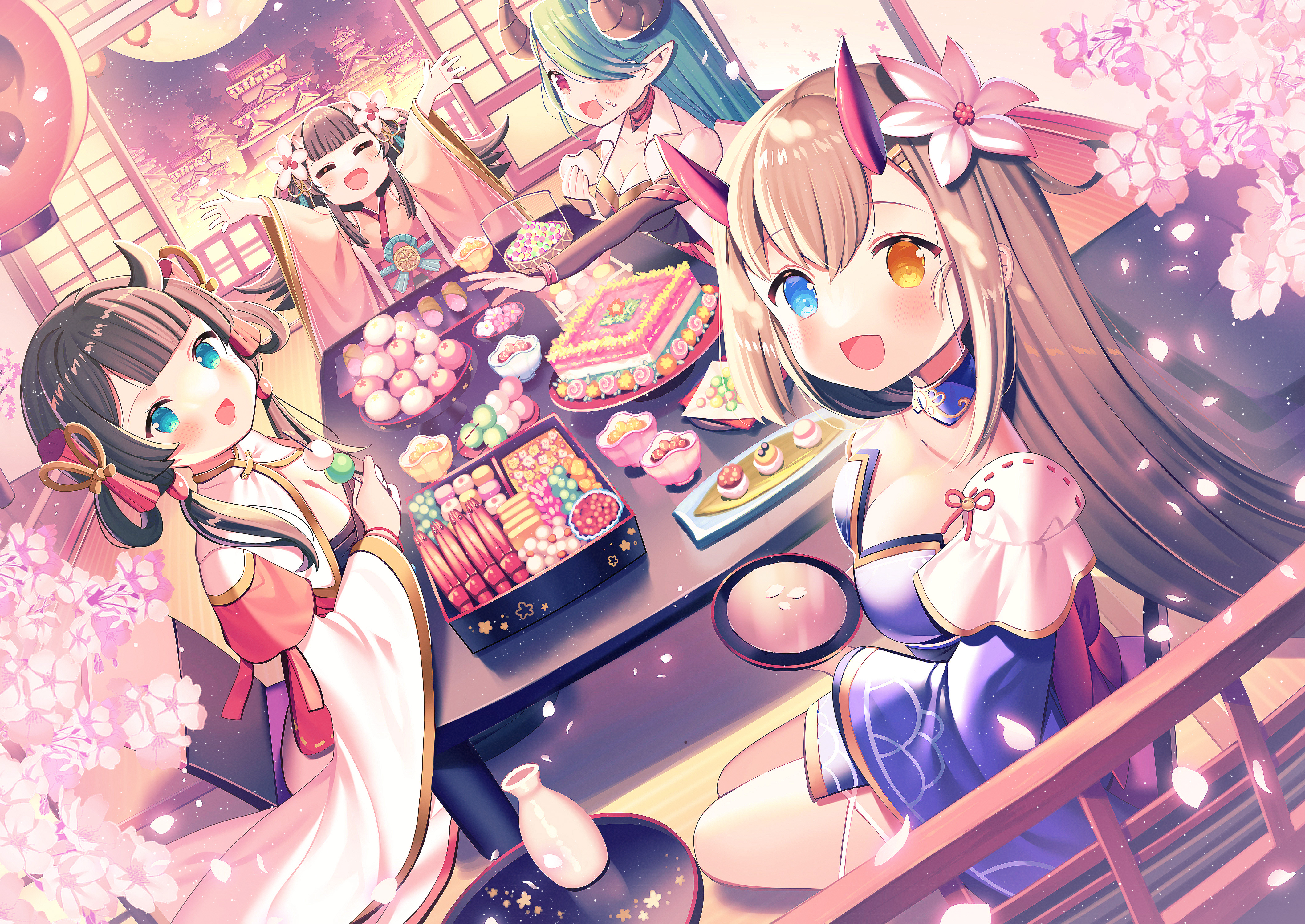 Anime 4236x3000 anime anime girls Ikari artwork food Japanese clothes table cherry blossom petals heterochromia sitting flowers open mouth looking at viewer long hair closed eyes horns hair over one eye
