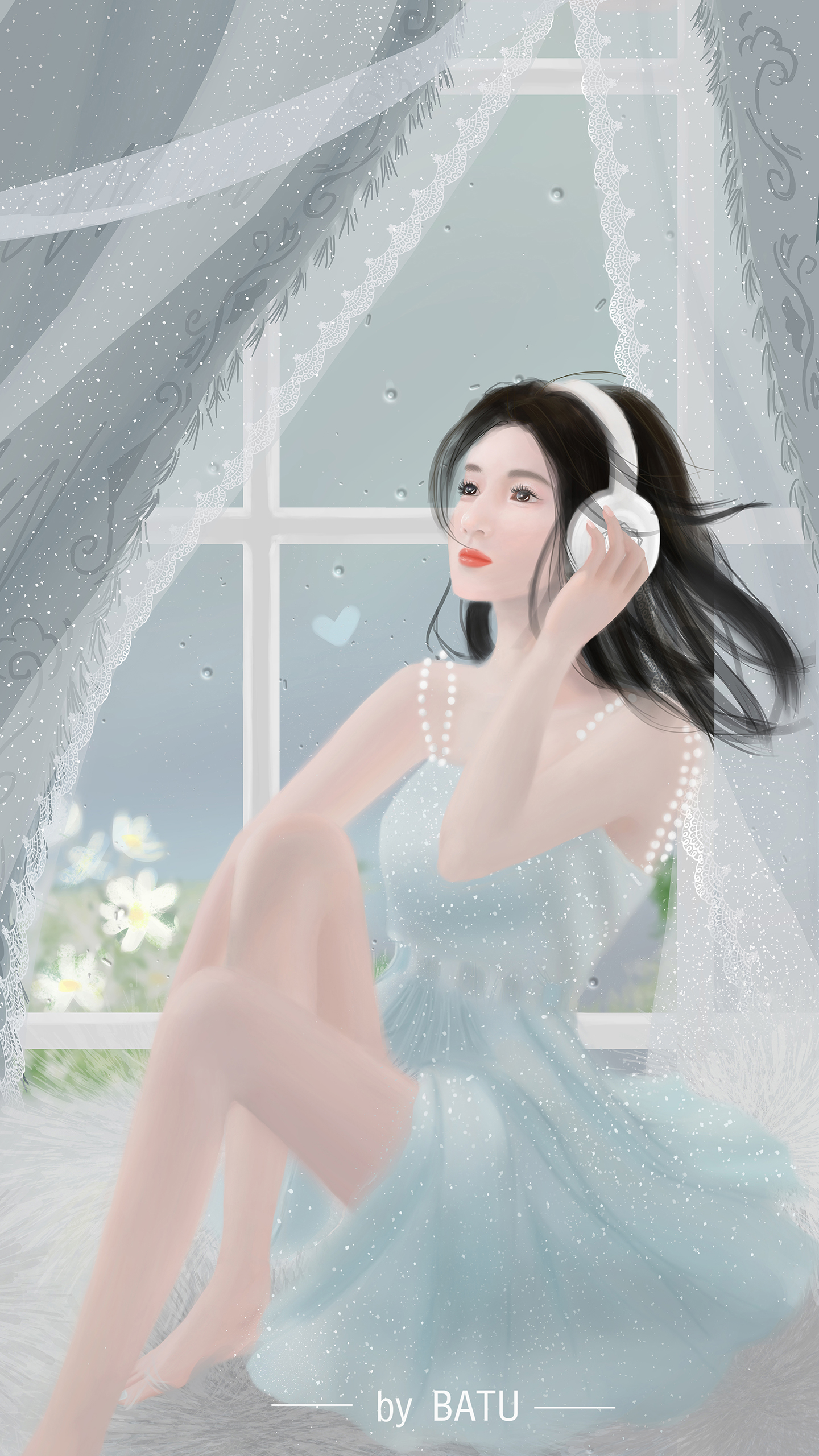 General 1440x2560 window sill women headsets white flowers blue dress