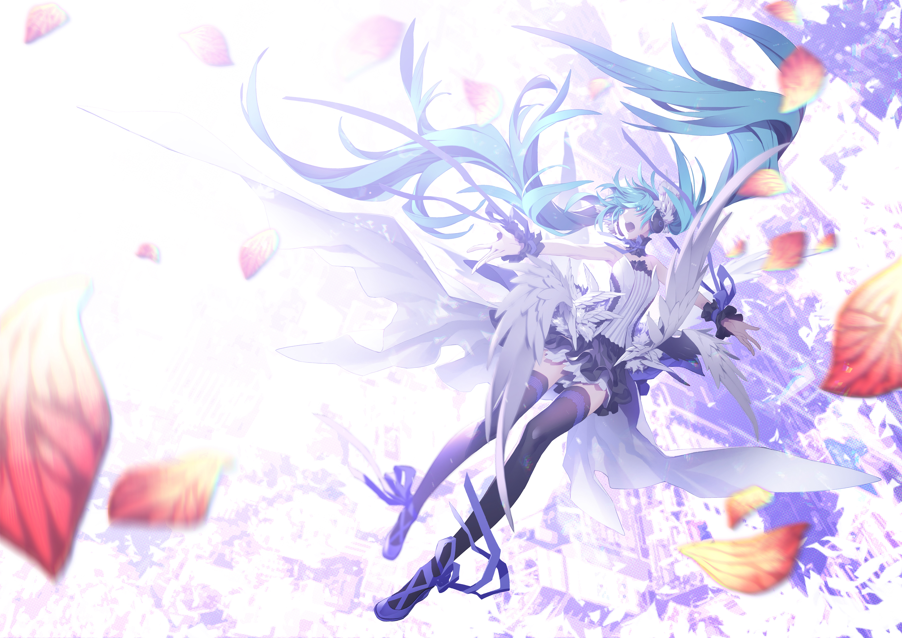 Anime 3508x2480 anime anime girls Hatsune Miku Vocaloid petals blue hair twintails thigh-highs