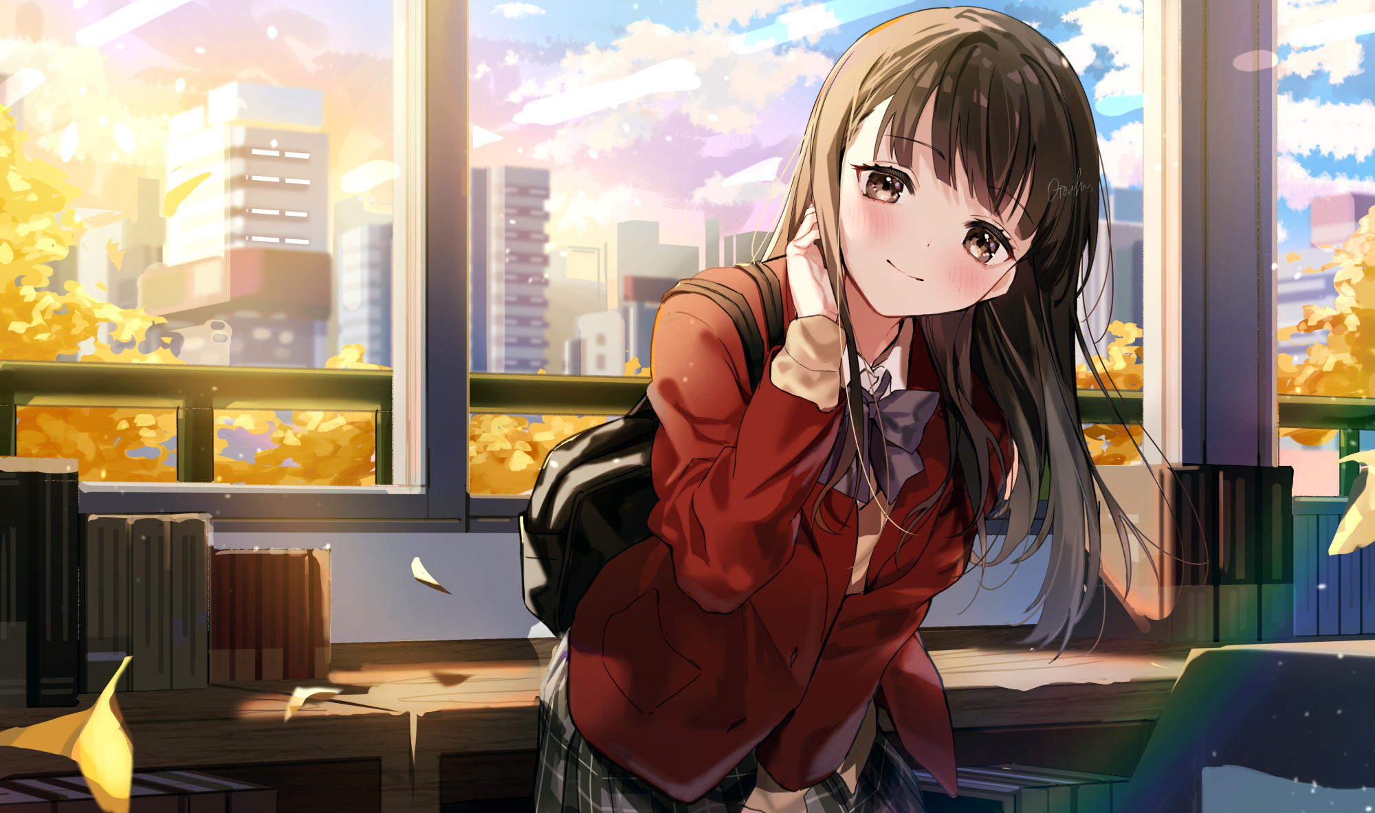 Anime 2000x1183 anime anime girls Gotouhu artwork brunette brown eyes smiling blushing school uniform fall window