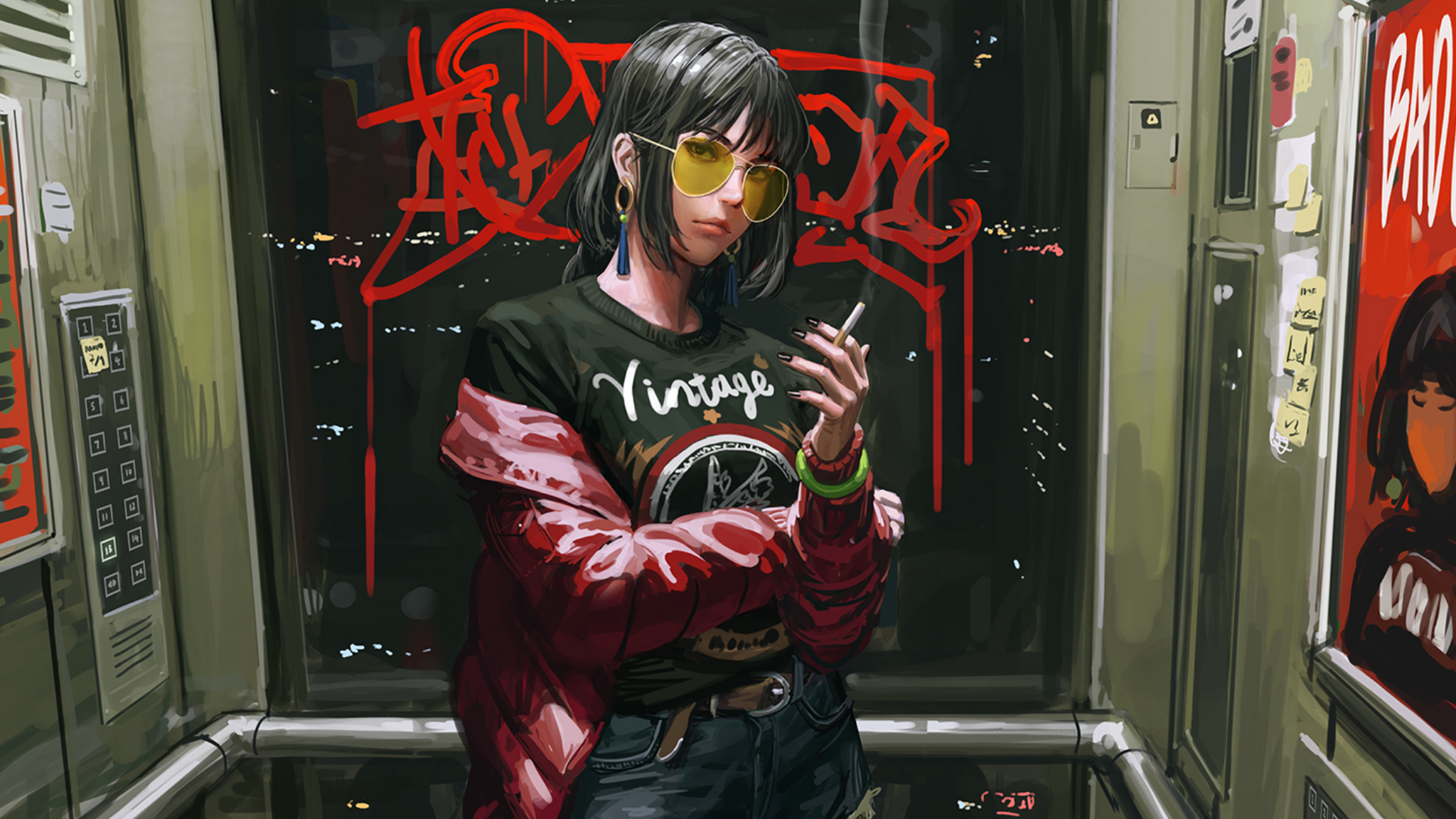 Anime 2048x1152 anime girls smoking original characters Bad guys GUWEIZ cropped artwork