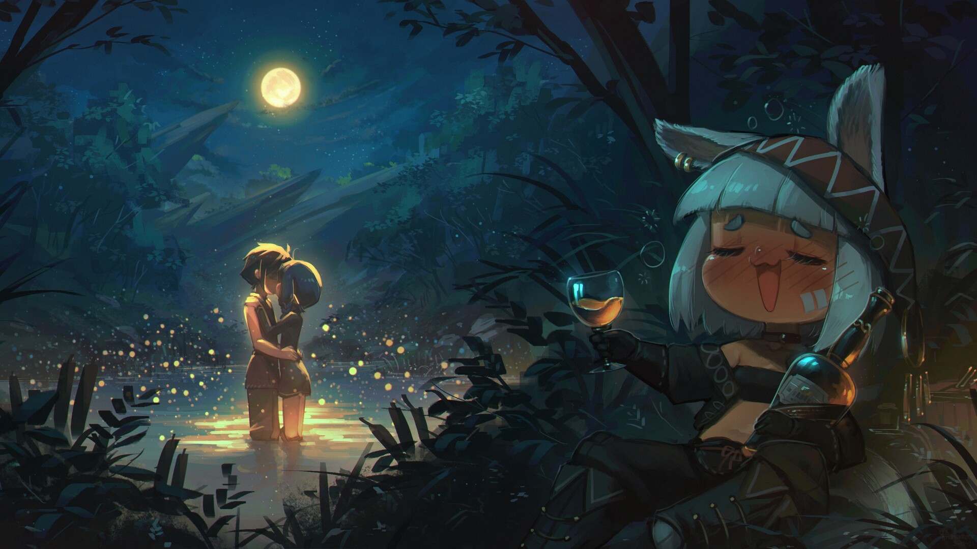 Anime 1920x1080 Porforever digital art fantasy art wine full moon Moon romance kissing lake forest drunk