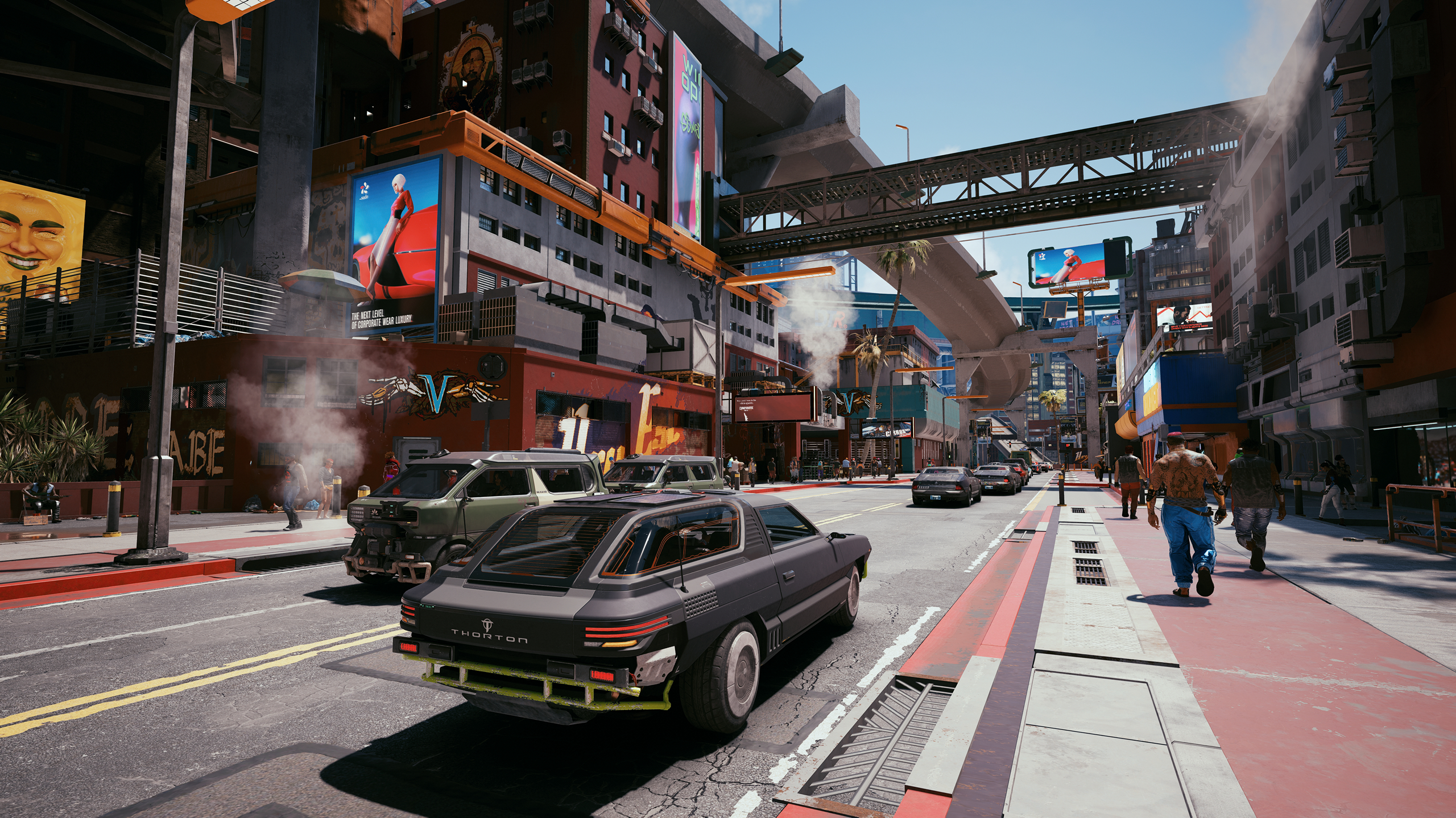 General 2560x1440 Cyberpunk 2077 reshade PC gaming video game characters CD Projekt RED Thorton Colby car video games screen shot traffic futuristic futuristic city