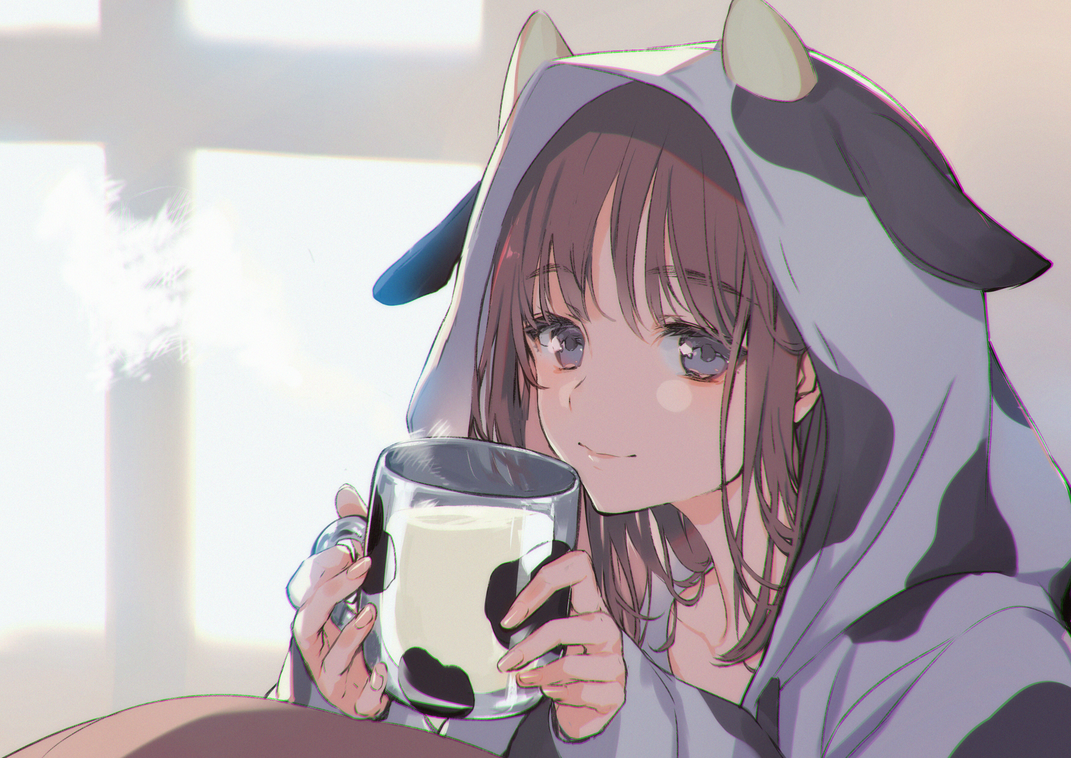 Anime 3541x2507 anime anime girls original characters hoods cow girl Otowa brunette gray eyes cup milk