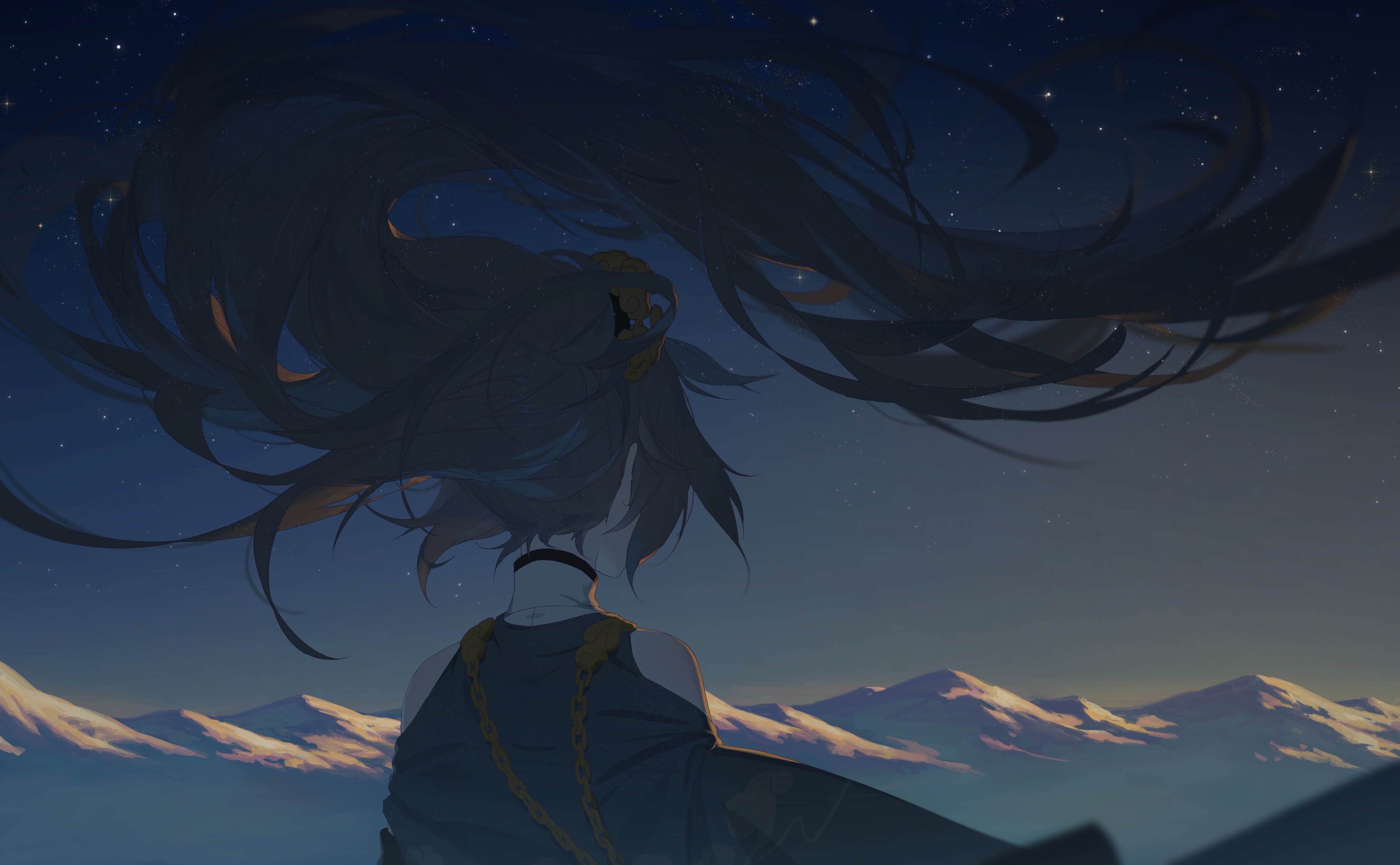 Anime 4500x2781 anime anime girls long hair mountains stars sunset