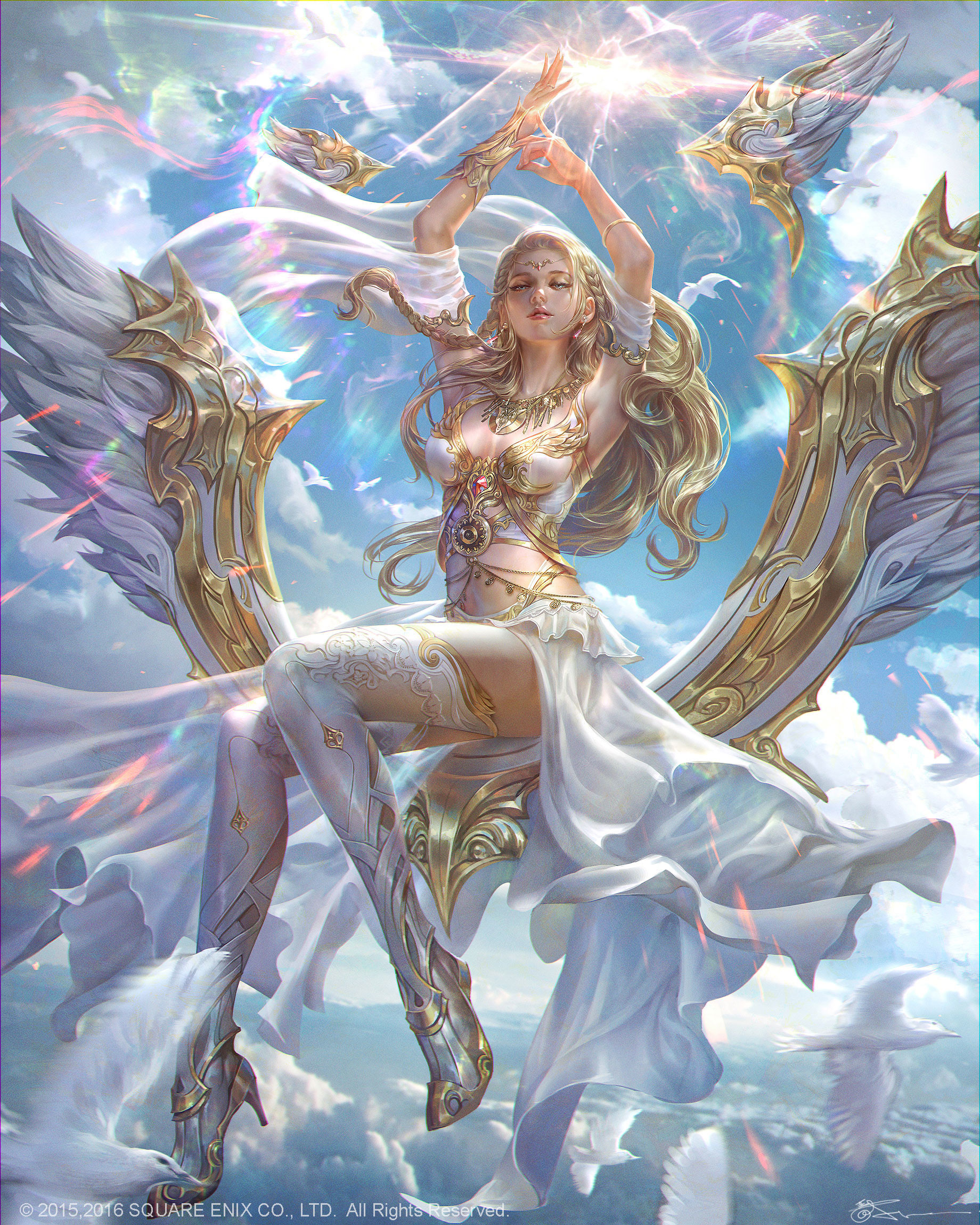 General 1840x2300 Jeremy Chong drawing women blonde long hair clouds rainbows wings angel fantasy art sky